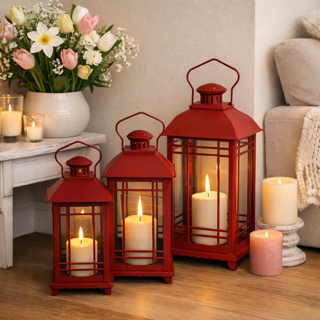 Traditional Red Metal Lanterns (Set of 3)