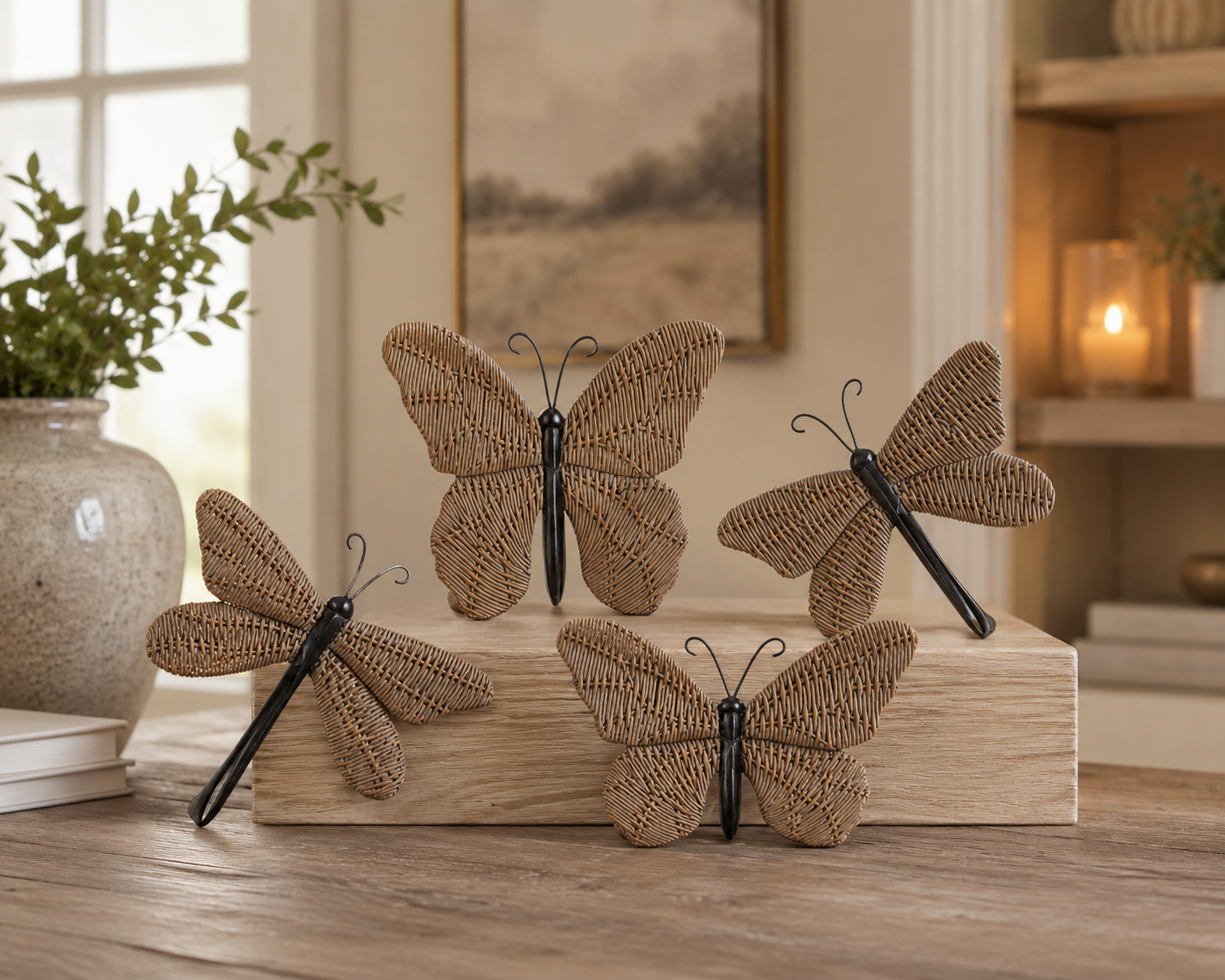 Willow Grove Butterfly & Dragonfly Décor Set – Luxury Wicker Shelf Sitters (Set of 4)