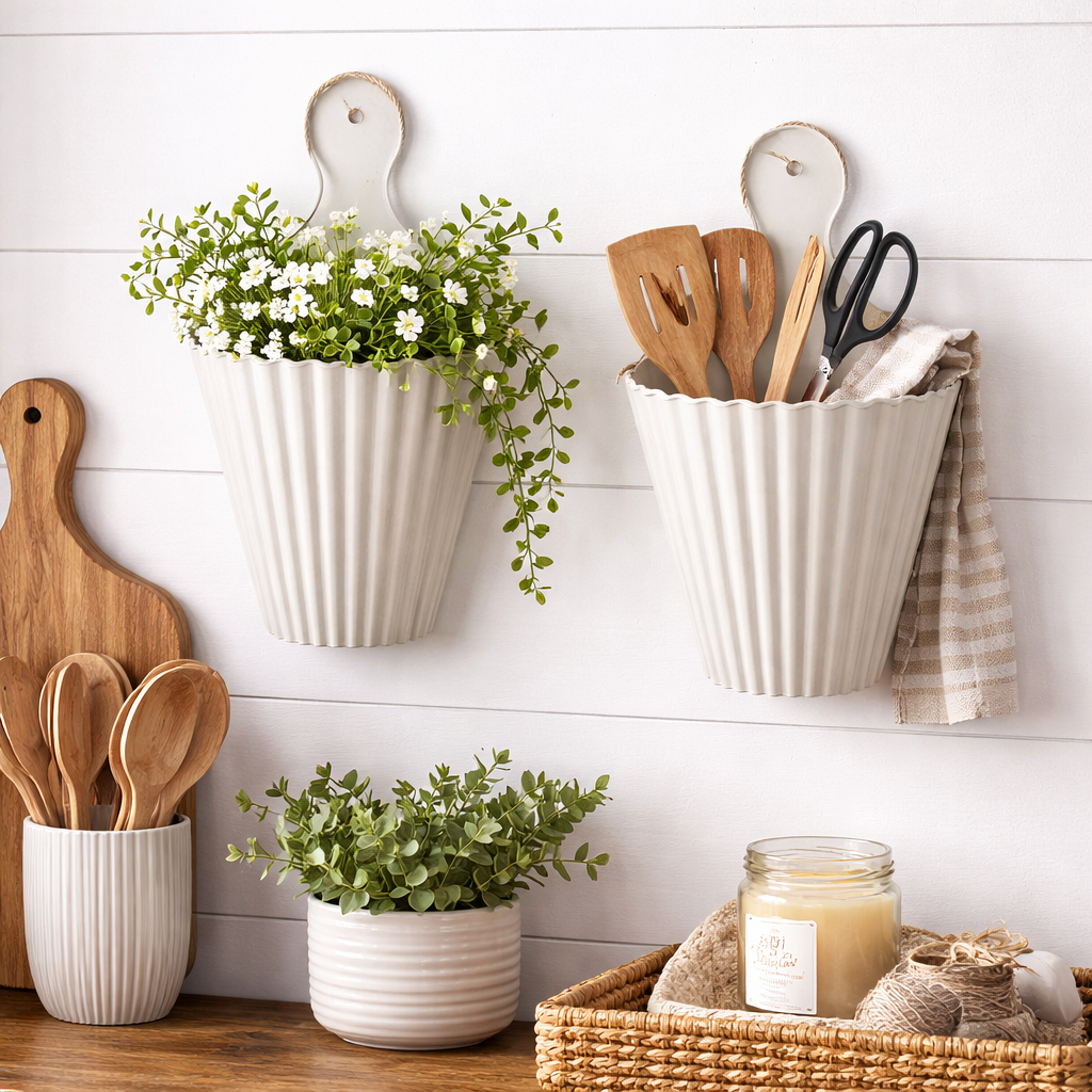 Ribbed Metal Wall Pocket Set - Farmhouse Chic