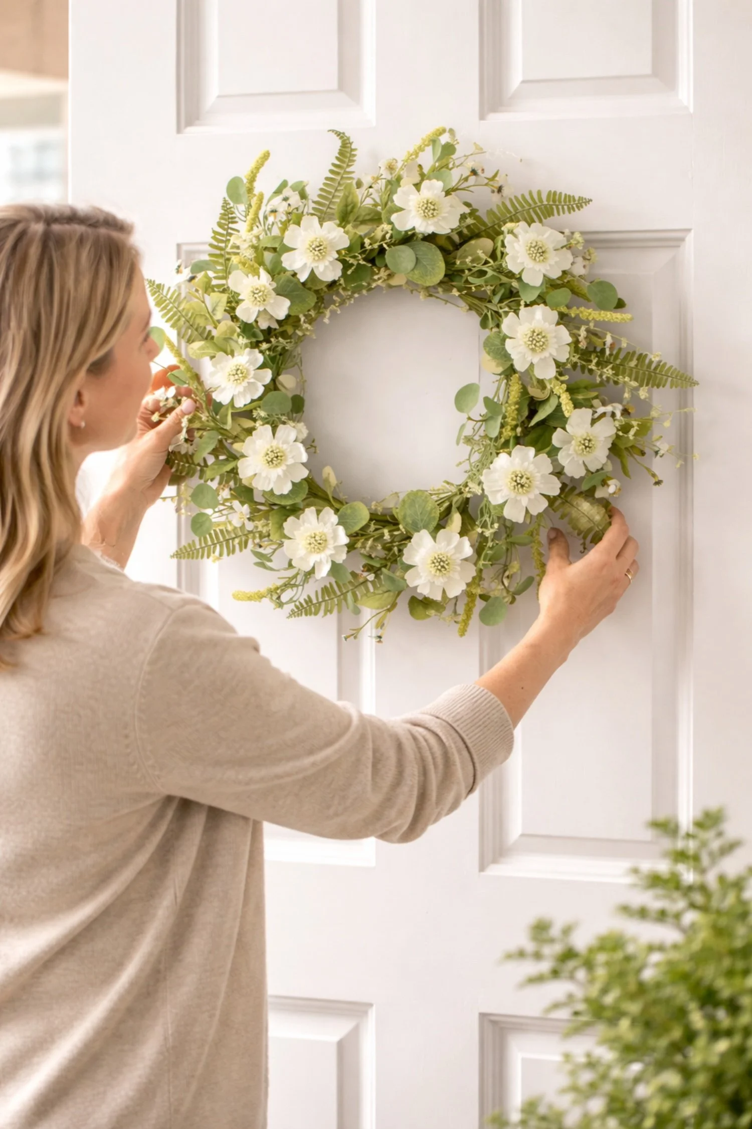 22" Floral Wreath with White Scabiosa Pincushion Flowers