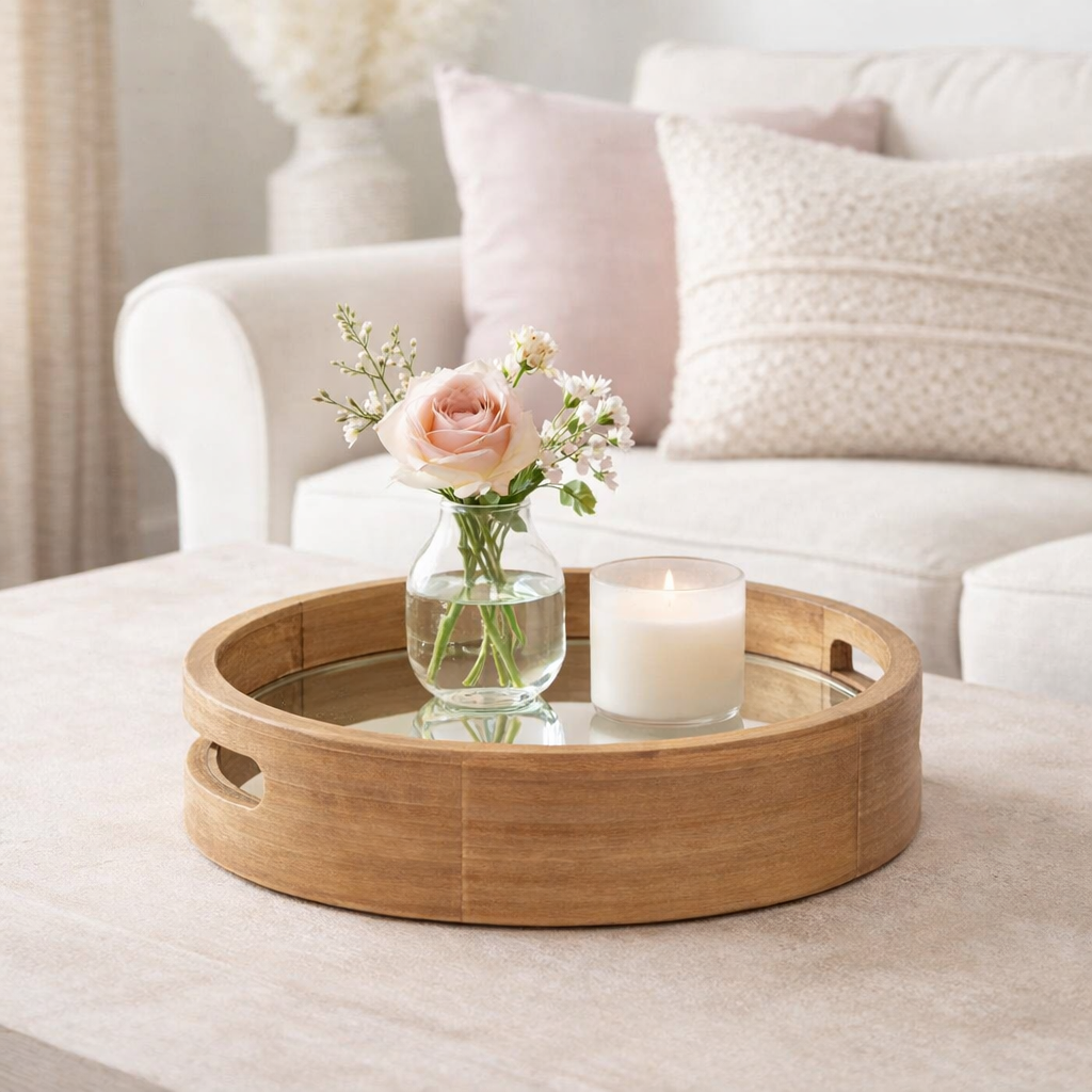 Round Natural Wood Mirror Tray