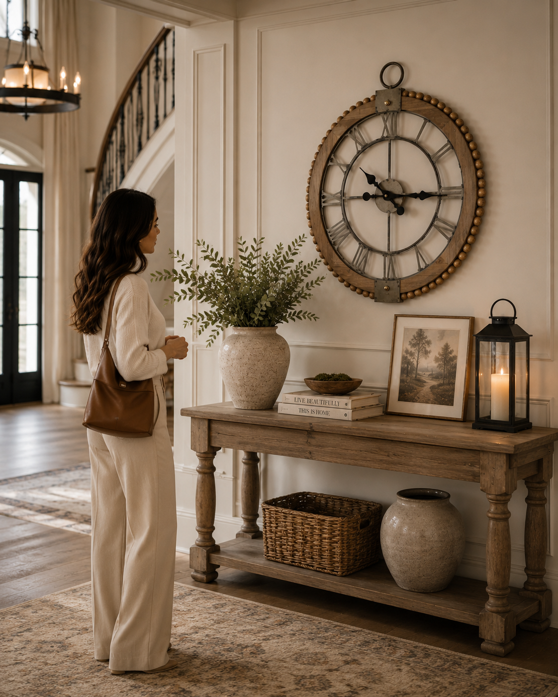 Kensington Manor Oversized Wall Clock – Luxury Beaded Wood & Metal Statement Clock