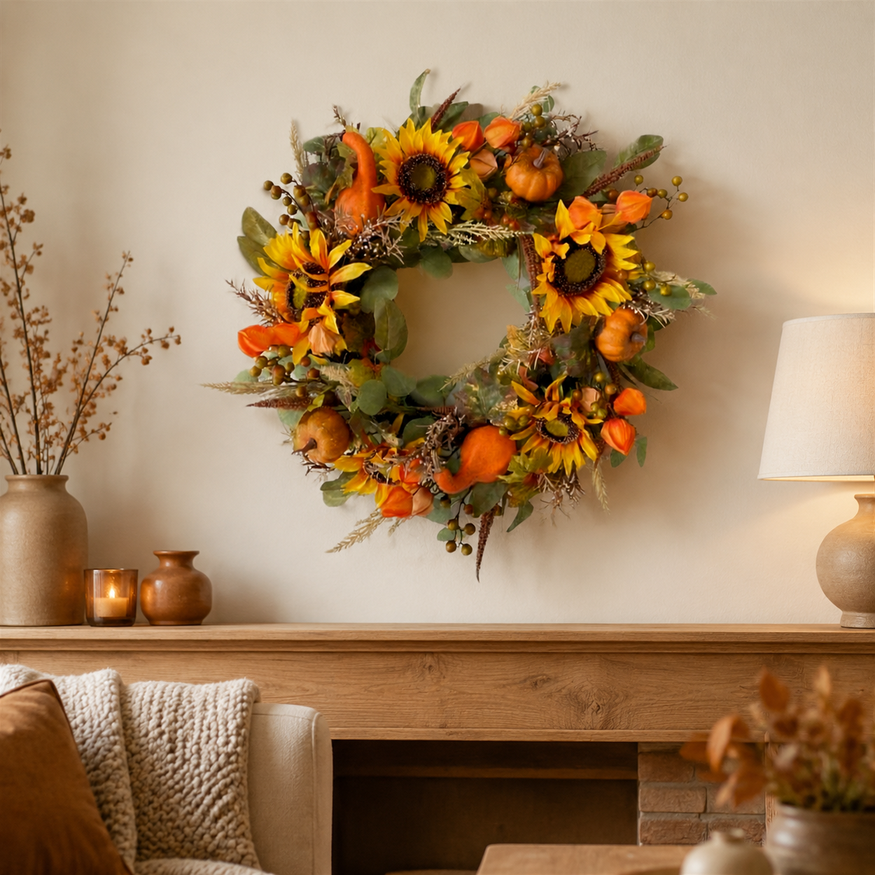 Harvest Sunflower and Gourd Wreath 24"D