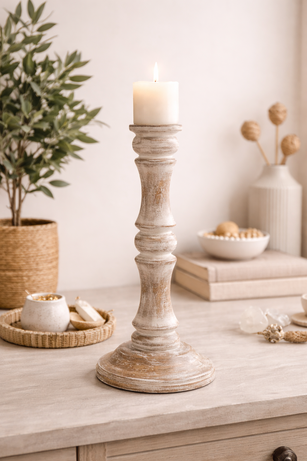 14-inch natural and white solid mango wood candlestick holder for a tealight or small pillar candle, handcrafted with unique grain variations.