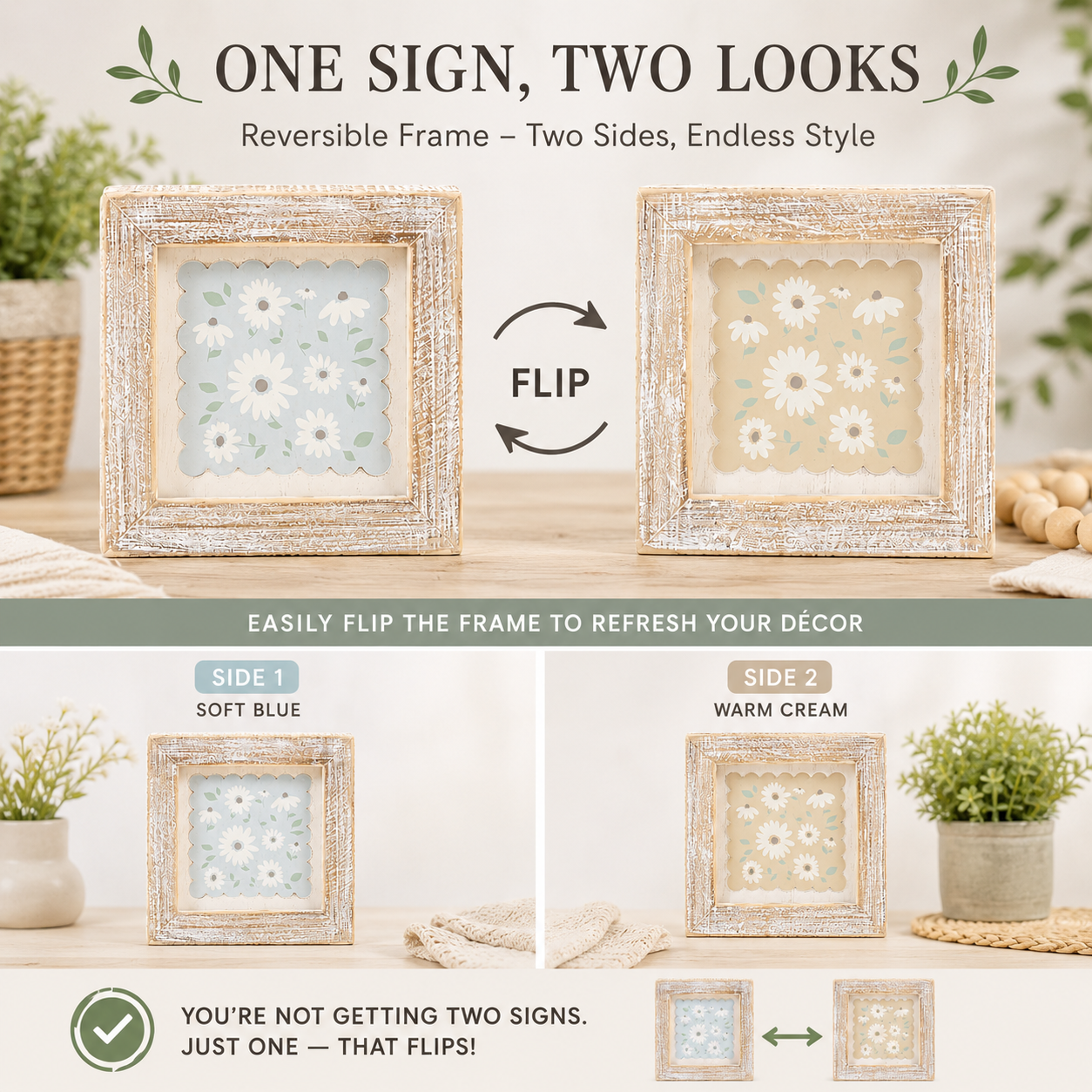 Double-Sided Daisy Wood Frame Sign – Reversible Farmhouse Floral Décor