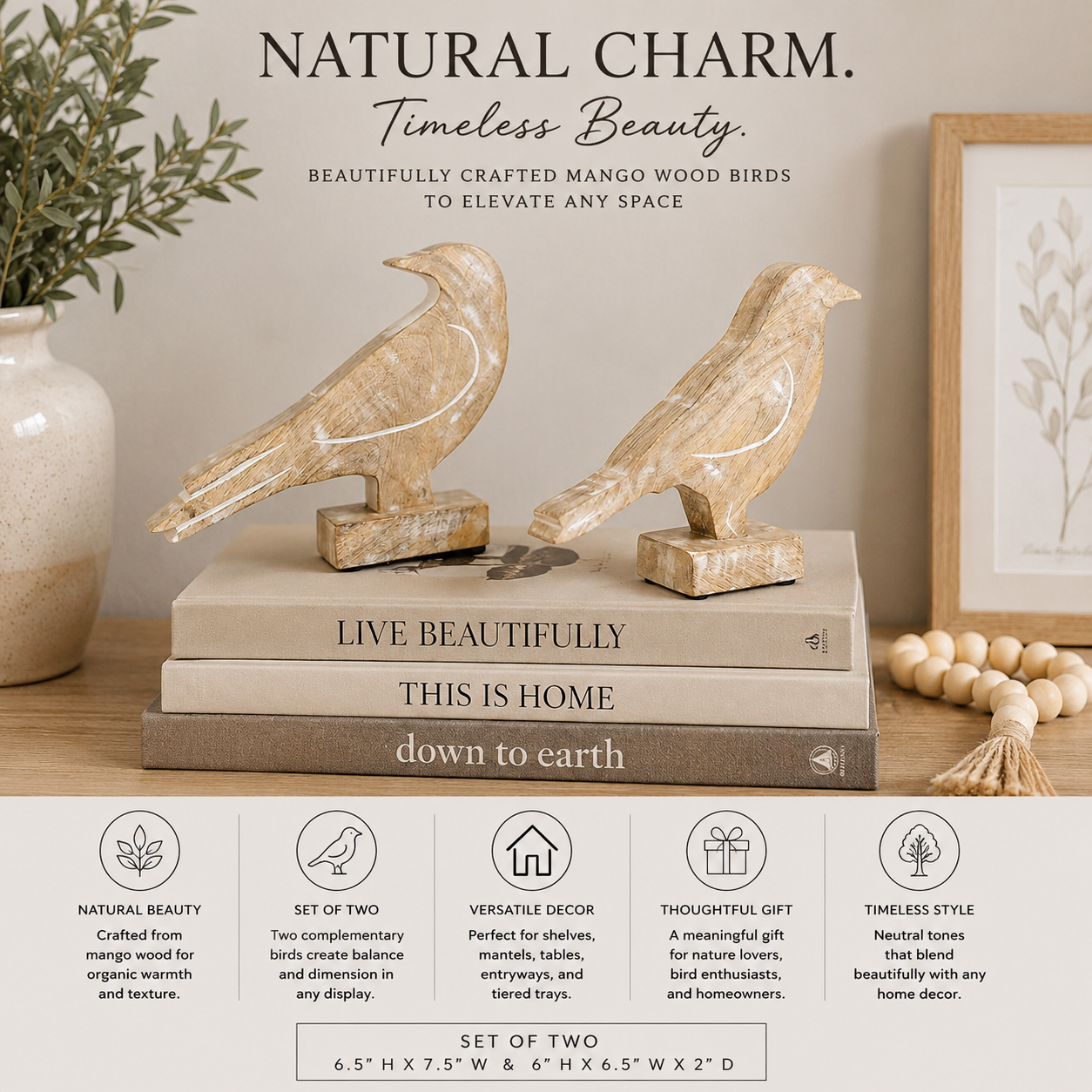 Natural Mango Wood Bird Figurine  (Set of 2)
