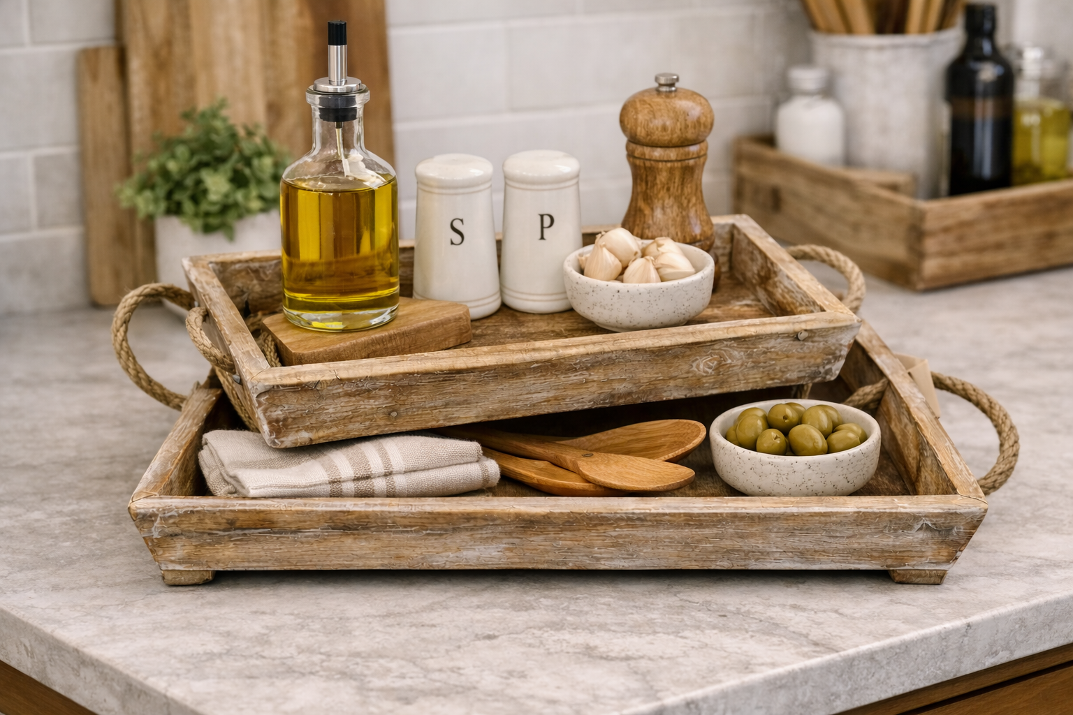 Mango Wood Nested Trays Set of 2 Natural/White (13" & 19")