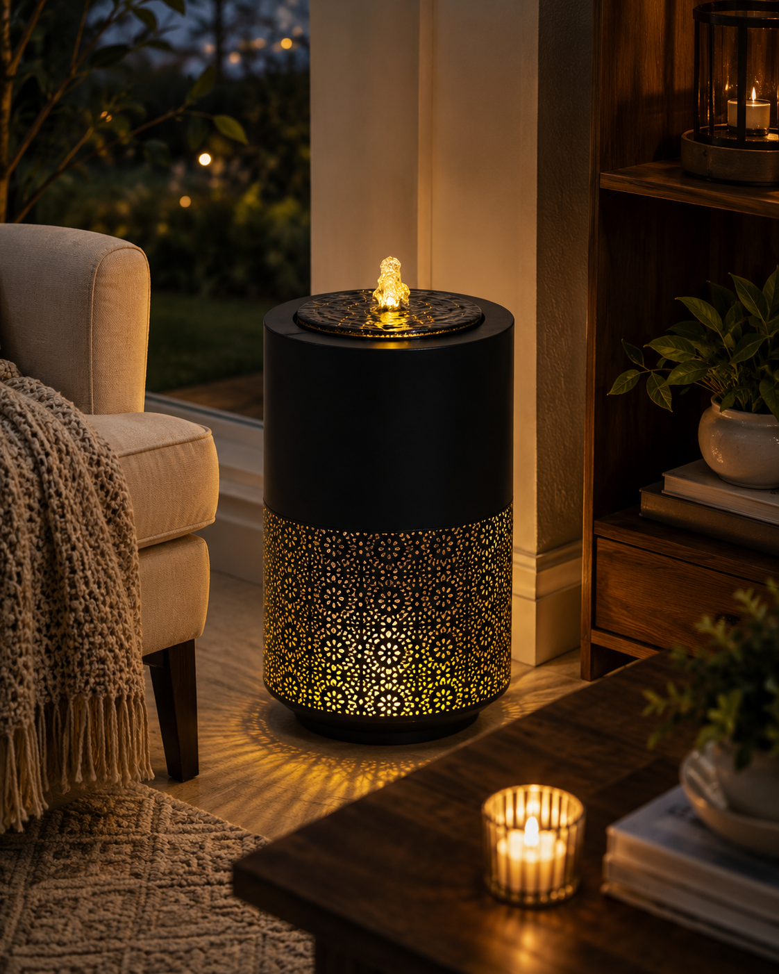 Luxury Illuminated Indoor Fountain – Modern Black Metal Water Feature
