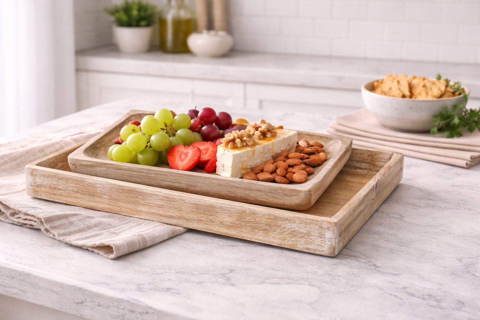 Artisan Mango Wood Nesting Platter Set, Natural & White Finish