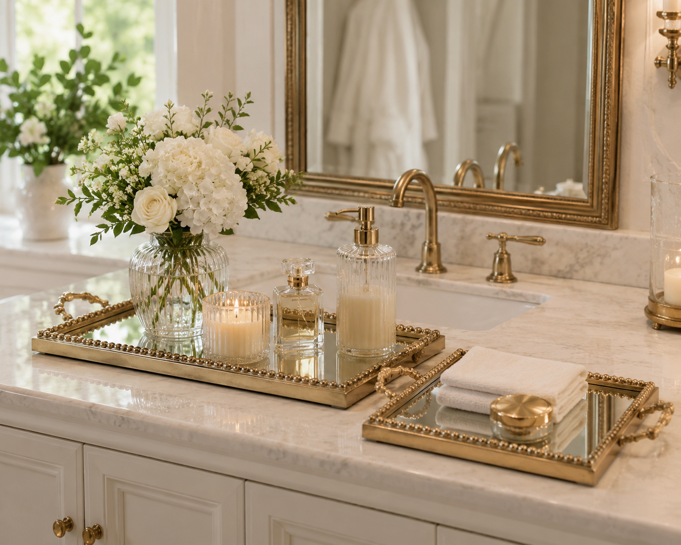 Luxury Gold Beaded Mirror Tray Set – Elegant Rectangular Decorative Trays