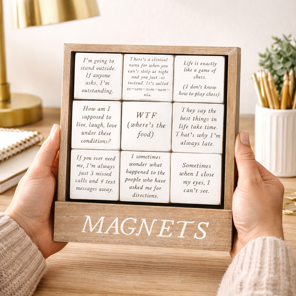 Funny Wood Magnet Set – White & Black (Set of 9)