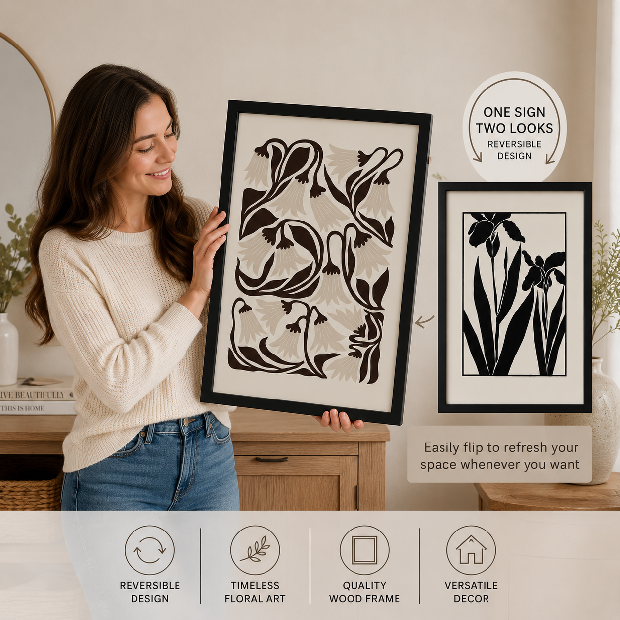 Reversible Botanical Floral Wood Framed Sign – Two Gallery-Inspired Floral Designs in One