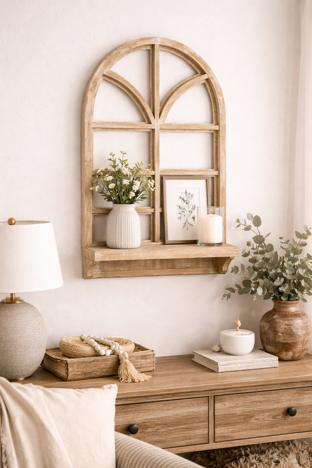 Arched Window Wall Shelf (Natural) — 35.5" Wood Frame with Display Ledge