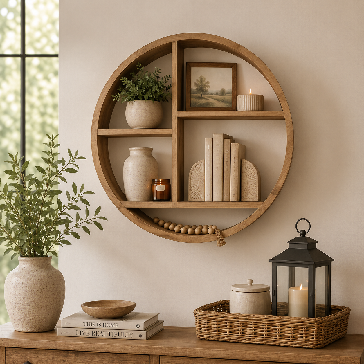 Architectural Round Wall Shelf with Display Compartments – Natural Wood 24"