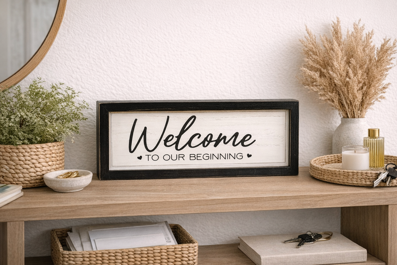 Reversible Welcome & Lived-In Wood Frame Sign (White/Black) — 13" x 6"