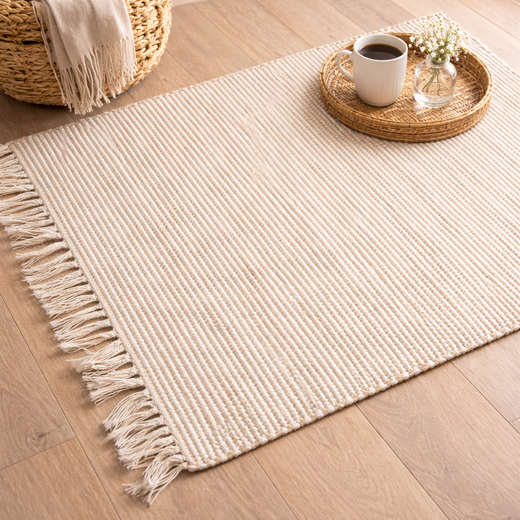 Handwoven Jute Chindi Accent Rug with Fringe, Natural & White (24″ × 35″)