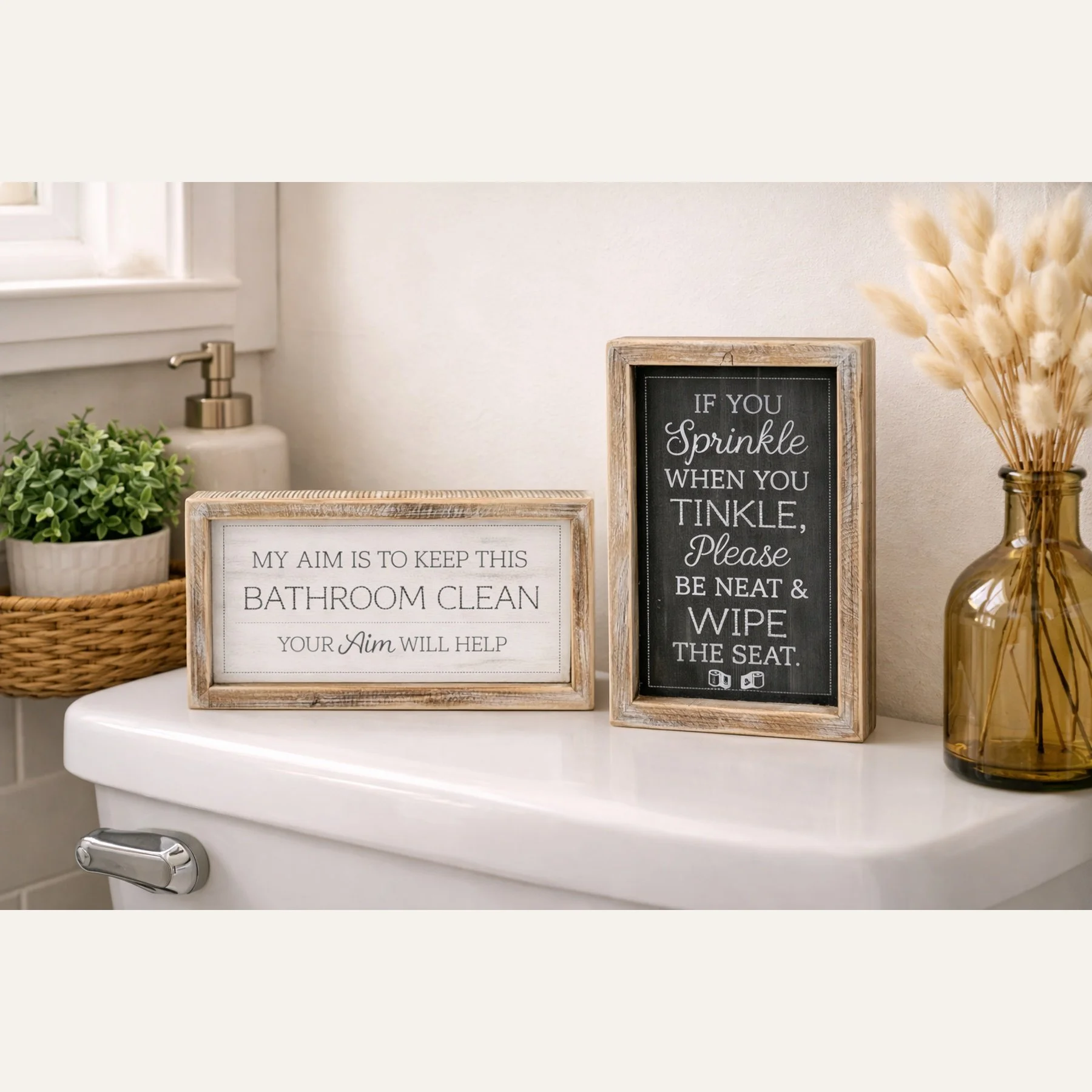 Two-in-One Reversible Wood Framed Bathroom Sign