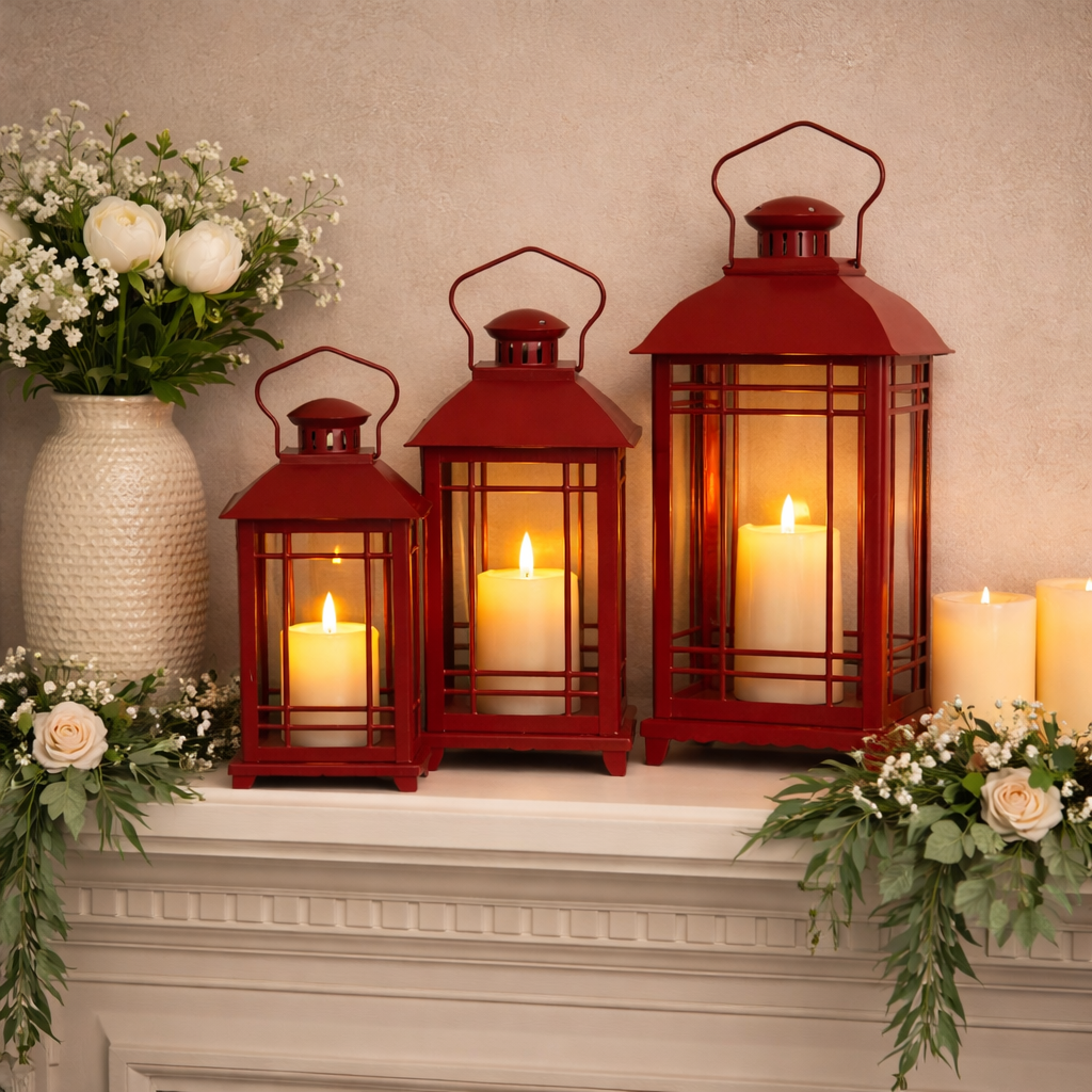 Set of 3 Red Metal/Glass Lanterns