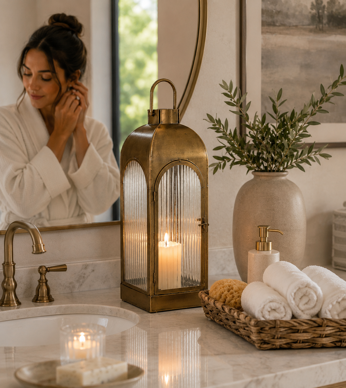 Luxury Arched Iron & Ribbed Glass Lantern – Elegant Brass Candle Accent