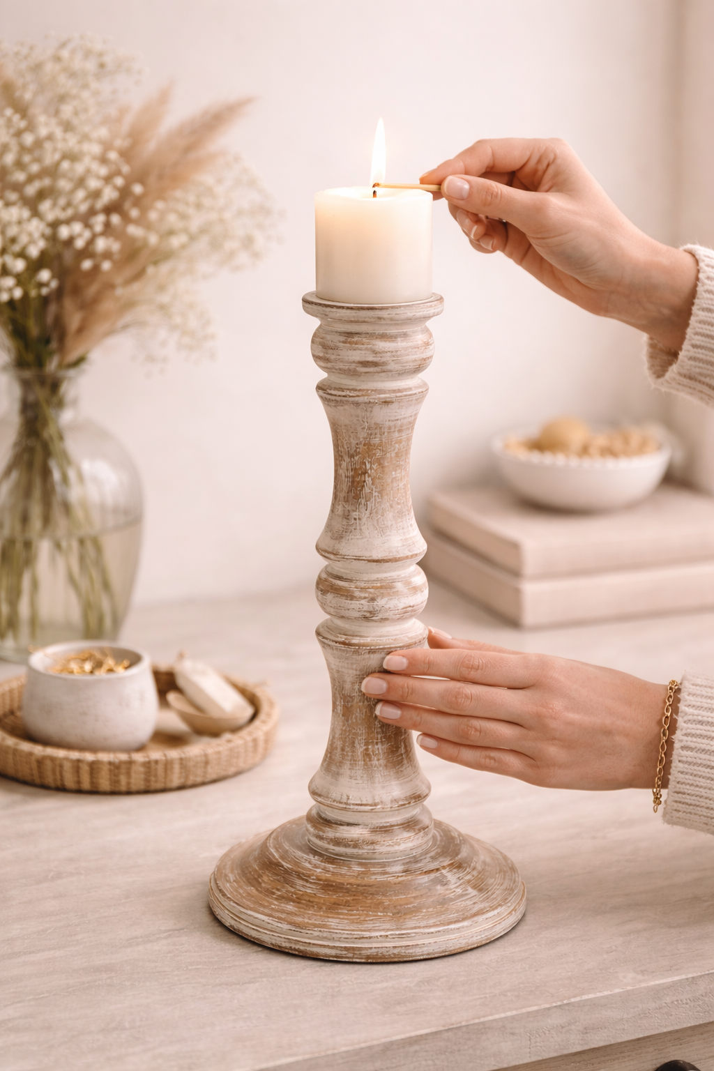 The Caldera Glow – Hand-Carved Mango Wood Candle Holder 14" x 6", Natural & White