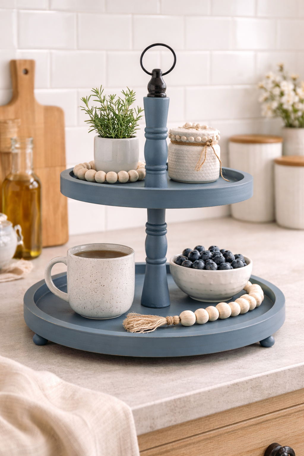 The Midnight Market Two-Tier Tray – Blue-Black Wood