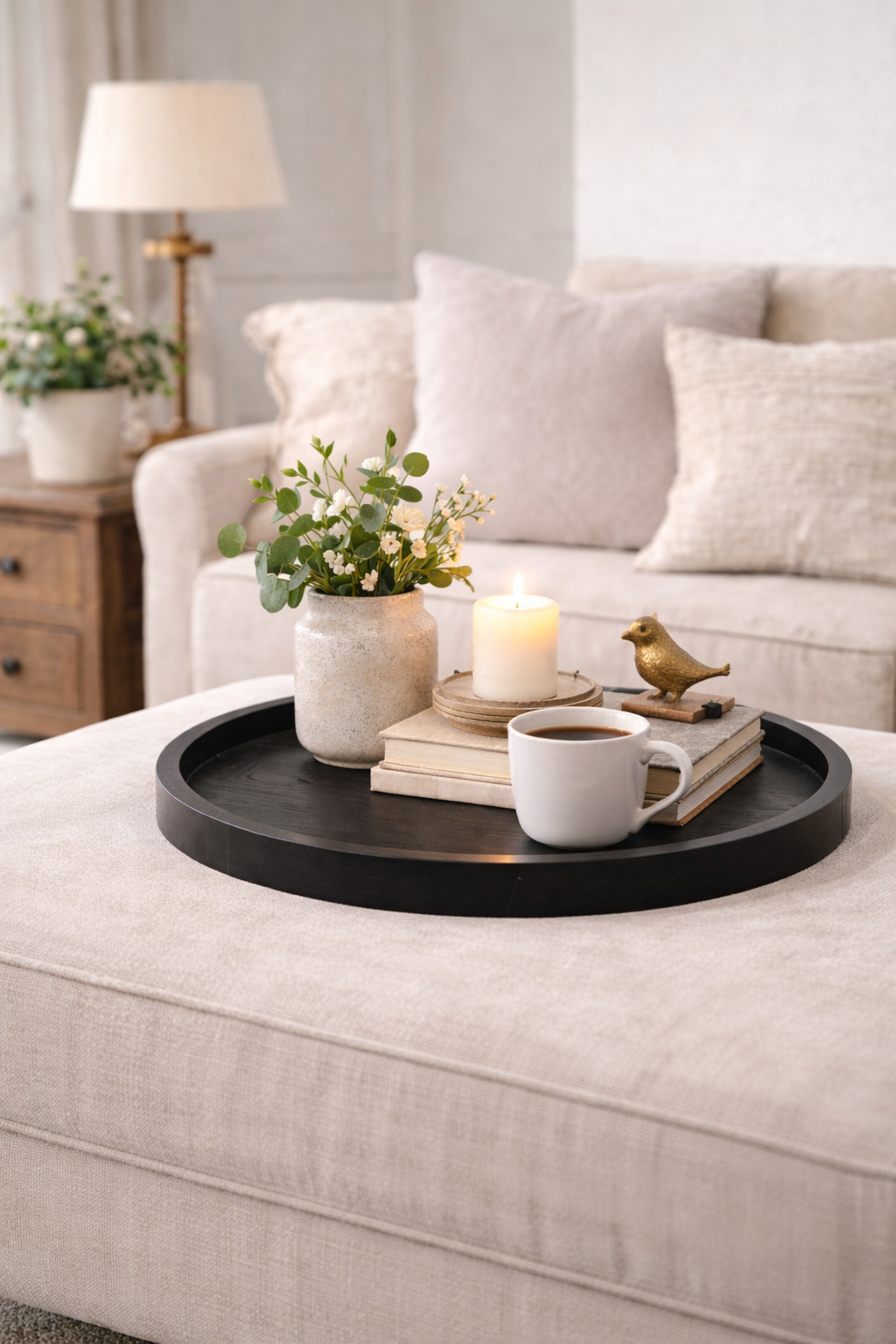 Black Round Wood Tray