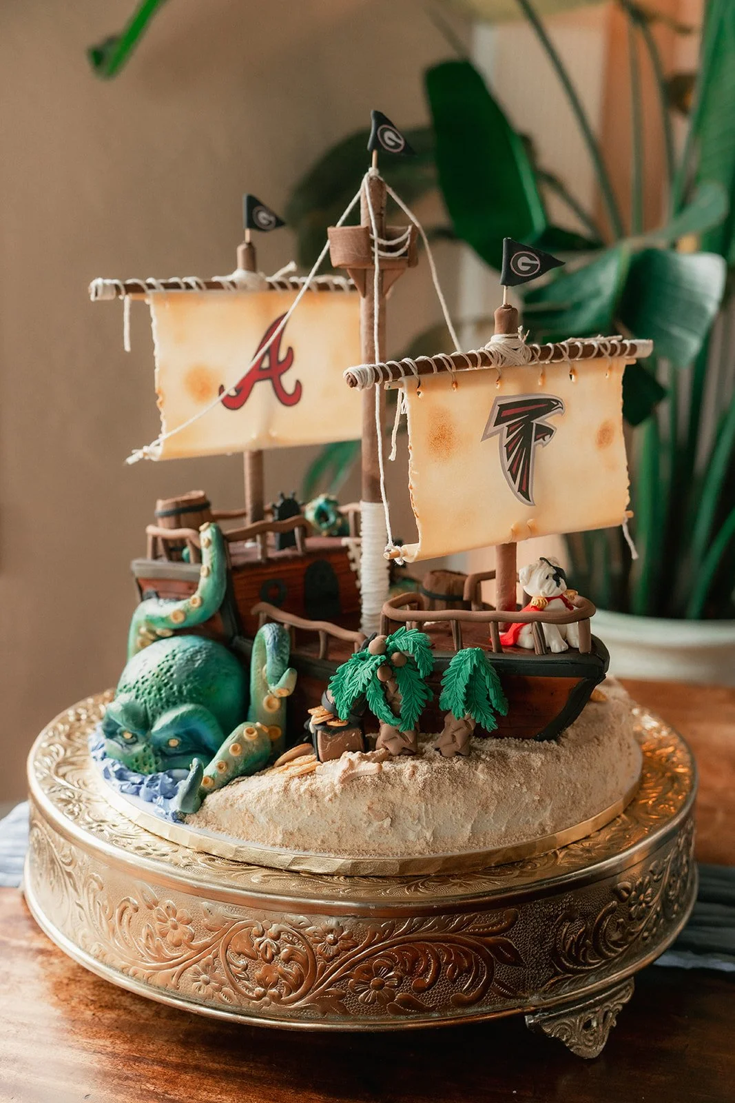 Pirates Ship Grooms Cake. Kraken. Gold Stand.jpg