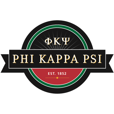 Logo of Phi Kappa Psi fraternity with Greek letters, established in 1852, featuring a black, green, and red color scheme.