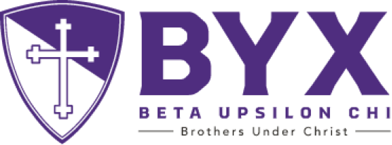 BYX Beta Upsilon Chi fraternity logo featuring a shield with a cross and arrows, with the fraternity name and the tagline Brothers Under Christ.