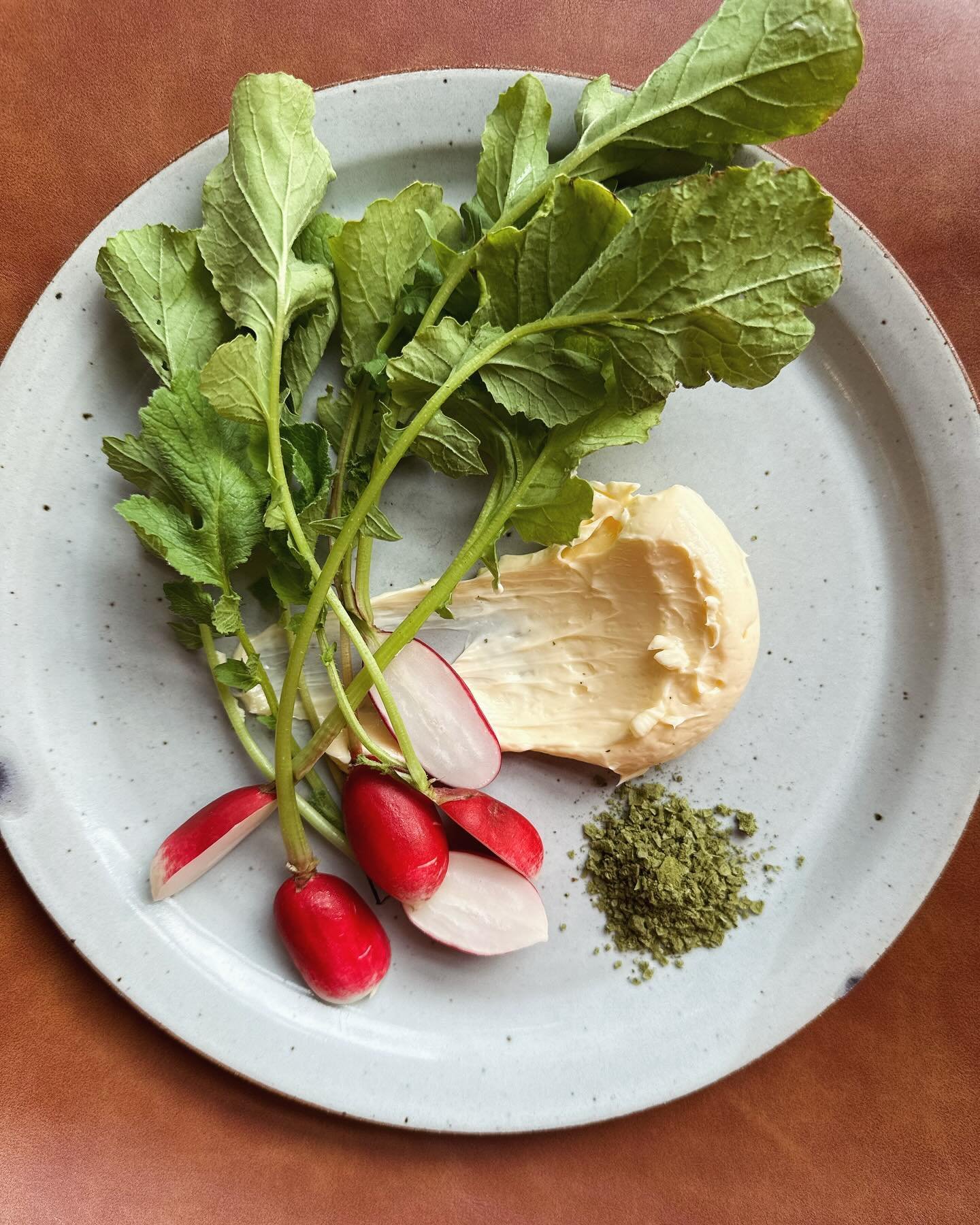 Chef Porter is a Radish + Butter Boy.
So we joyfully present this dish to you.
@darkwoodfarmer breakfast radishes with whipped butter and housemade ramp salt. 
Yes you should get it to start, and yes you should get some bread too.