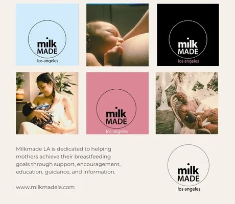 A collage of six images and logos related to Milk Made LA, a breastfeeding support organization in Los Angeles. The images include a bottle, a mother breastfeeding, a woman with a baby, a woman resting outdoors, and the organization's logos in various colors.