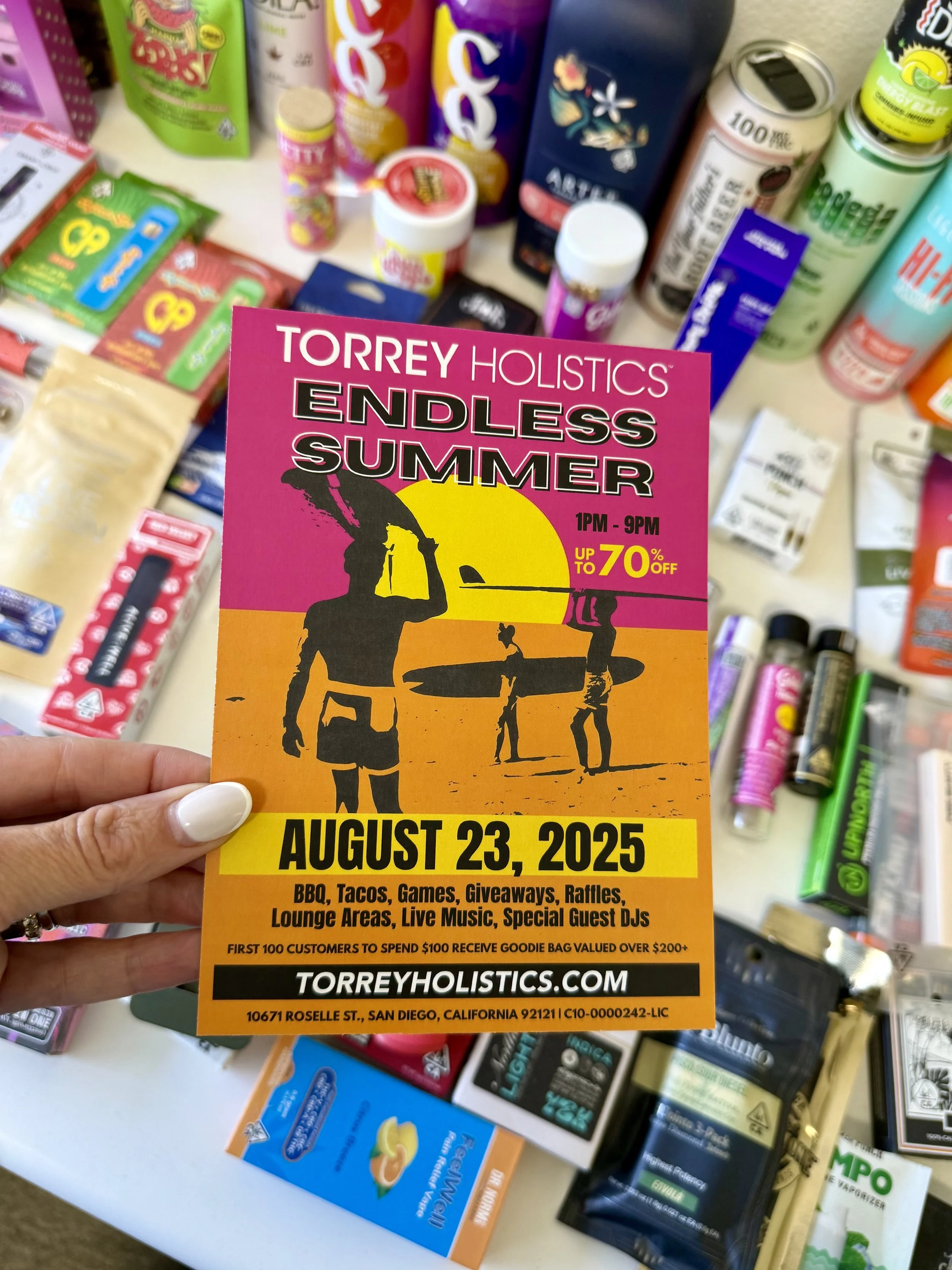 Colorful flyer for an event called Endless Summer organized by Torrey Holistics on August 23, 2025, with details about activities like BBQ, tacos, games, giveaways, and live music, held in San Diego, California.