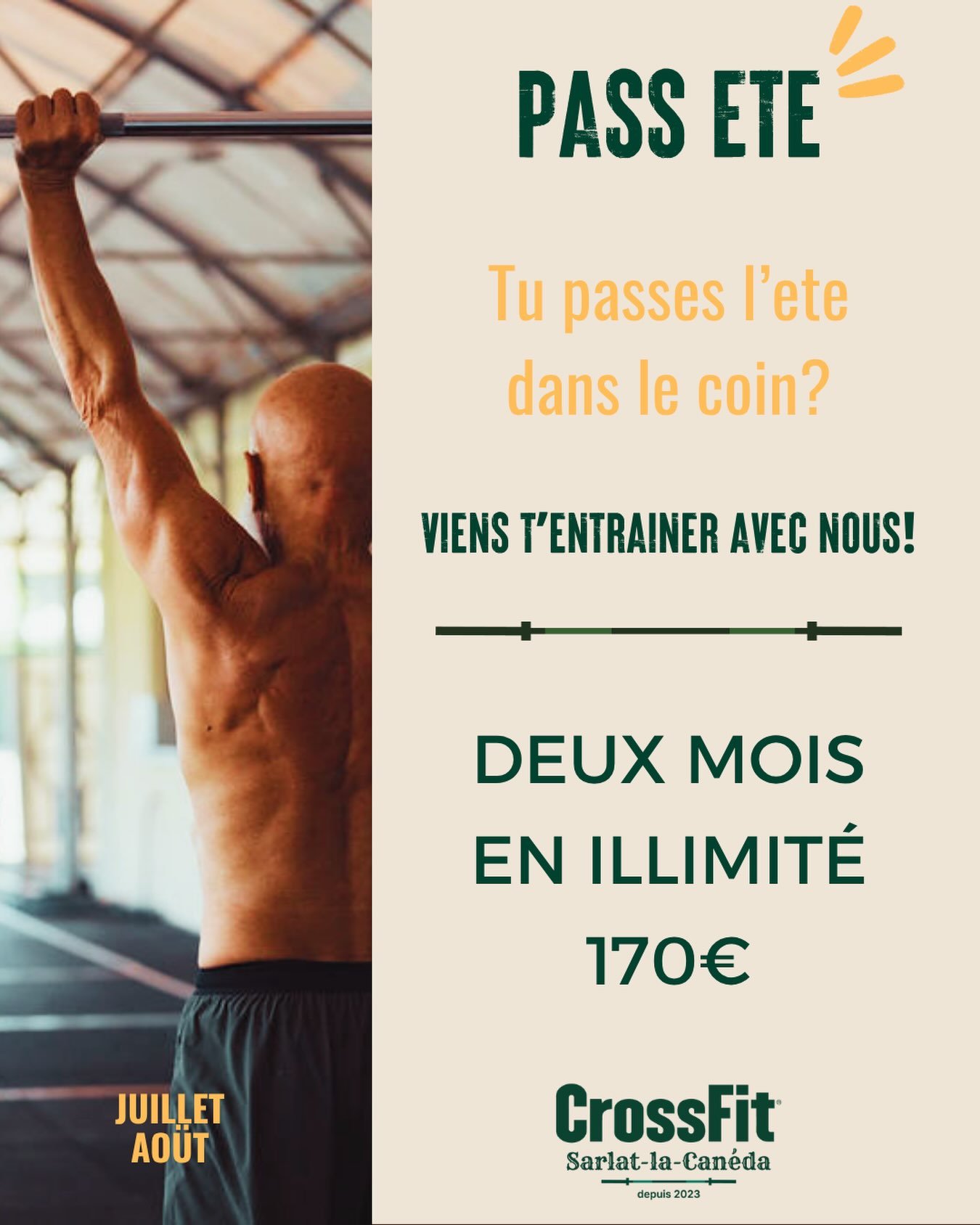 🌞Tu passes l&rsquo;&eacute;t&eacute; dans la r&eacute;gion? 🌿

Viens t&rsquo;entra&icirc;ner avec nous! 

Deux mois en illimit&eacute;, acc&egrave;s &agrave; toute la box, les wod, les cours sp&eacute;, l&rsquo;open pour profiter &agrave; fond en j