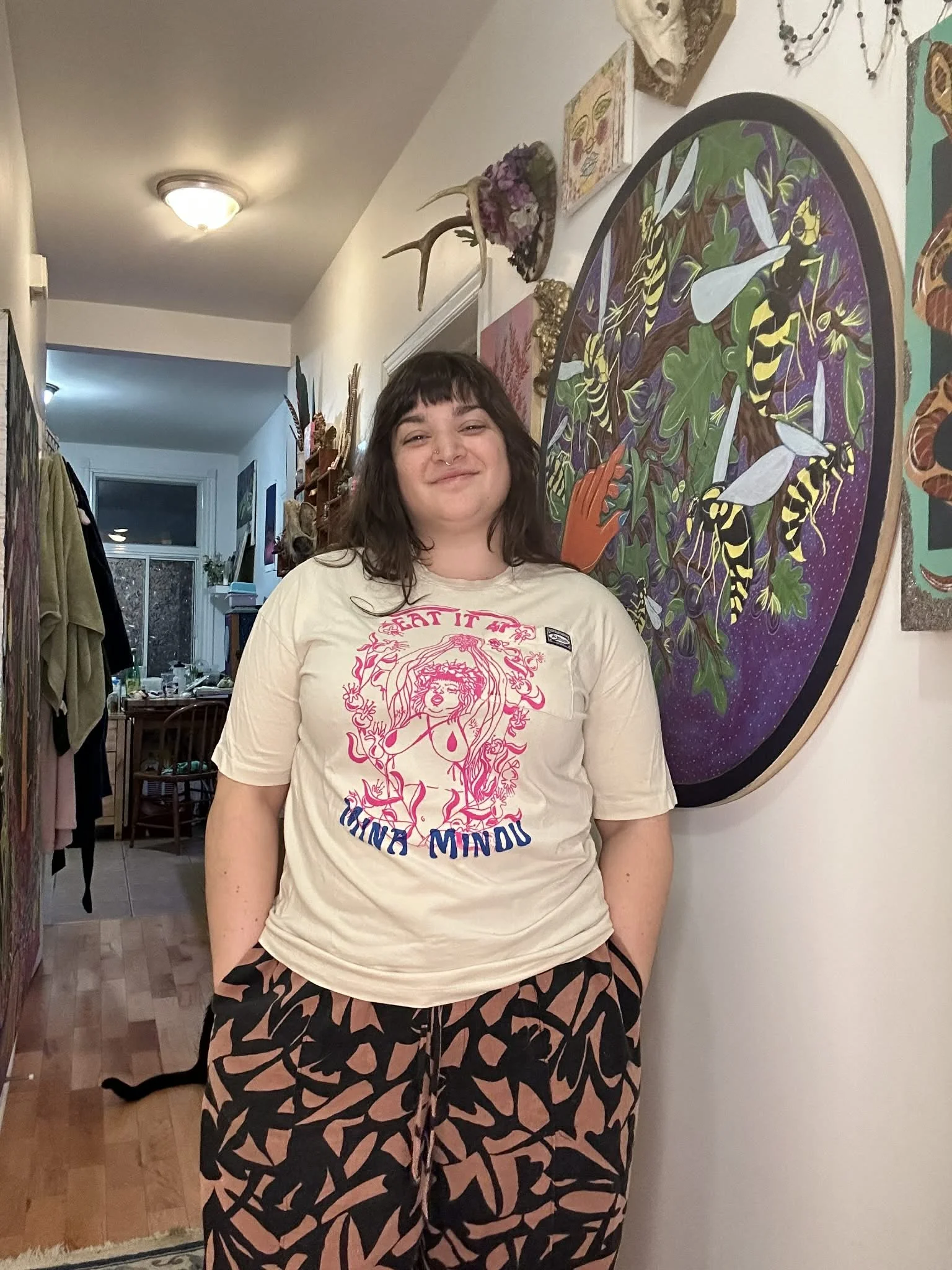 Thrifted Mina Minou Merch- White front pocket pomegranate