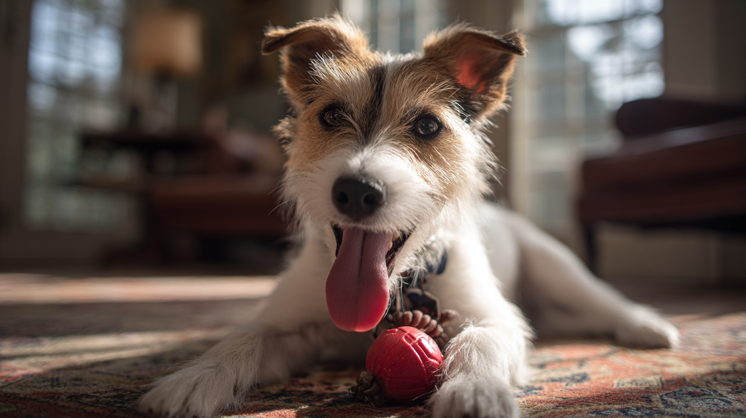 Photo of a terrier dog playing with a dental toy in a Charlottesville living room, showing healthy teeth and an engaged pet