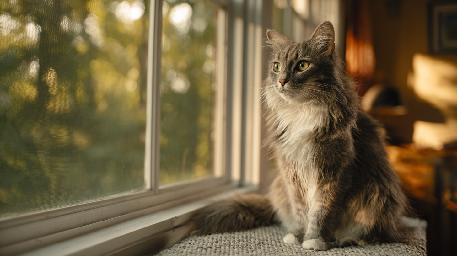 An indoor cat relaxing on a window perch in a sunlit Charlottesville-area home, with trees visible outside and a calm, safe indoor environment