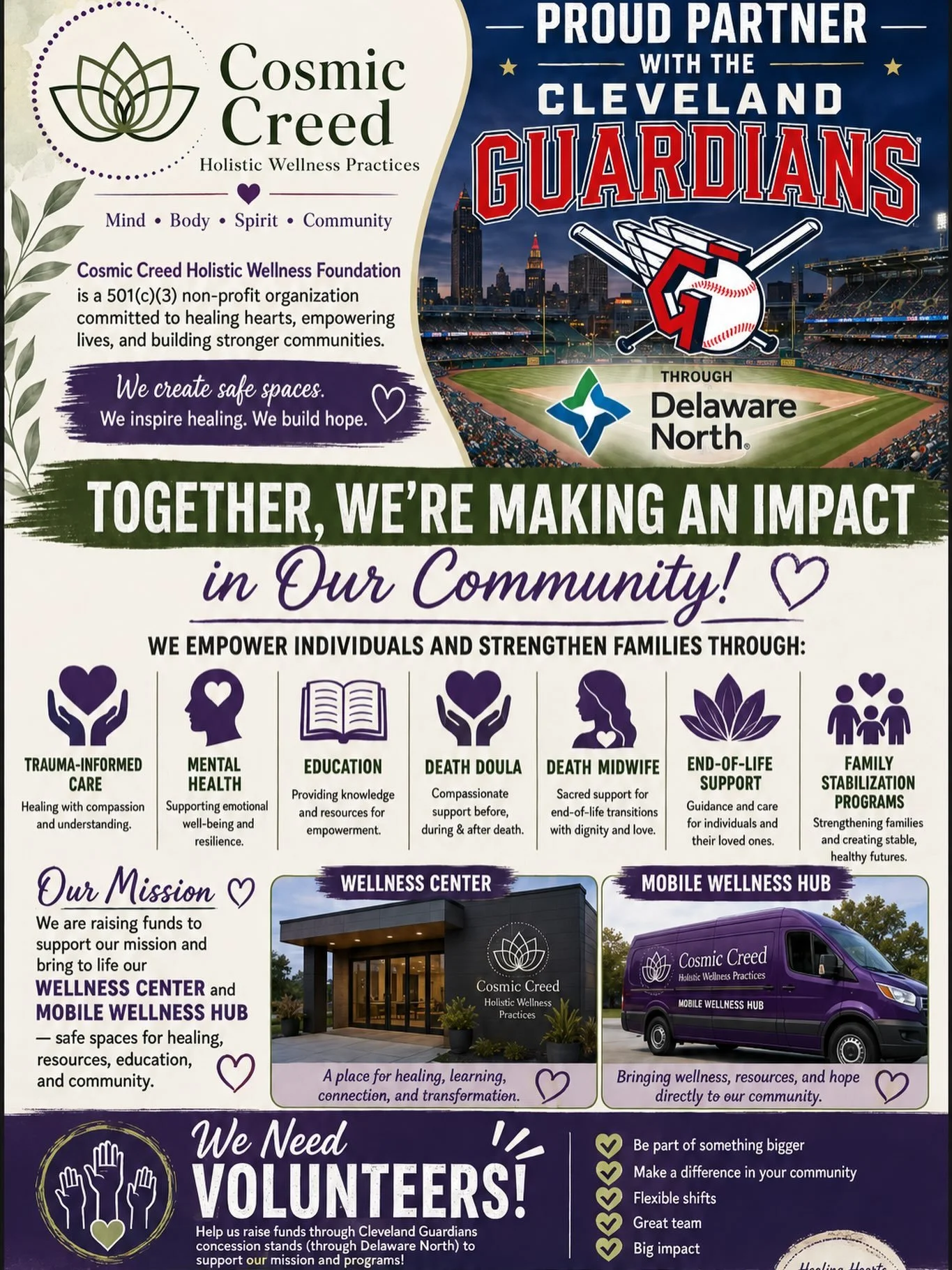 ⚾️ We&rsquo;re looking for volunteers to join our team! 💜

Cosmic Creed Holistic Wellness Foundation is proud to partner with the Cleveland Guardians through Delaware North to help raise funds that directly support our mission.

As a 501(c)(3) nonpr