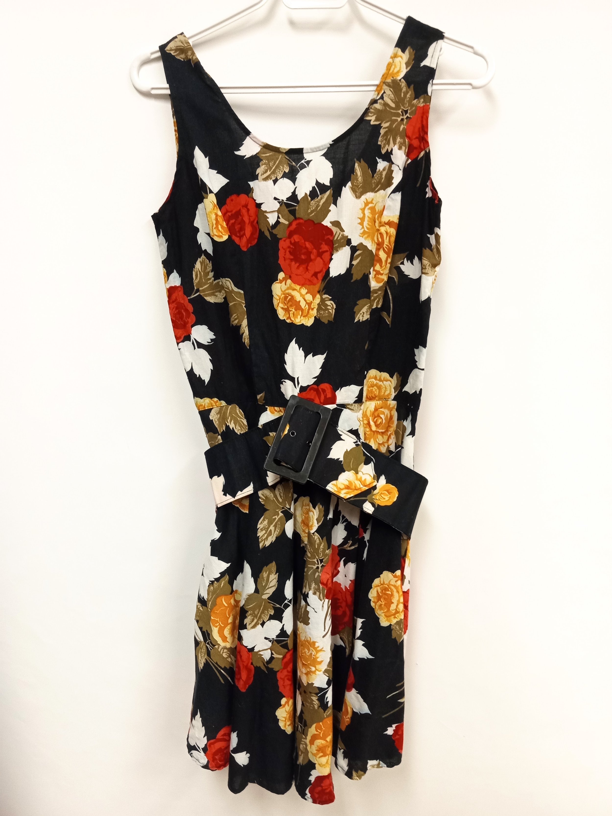 Robe noir à fleurs multicolores en 100% coton avec ceinture même motifs, Sugar, 9 (S/M)