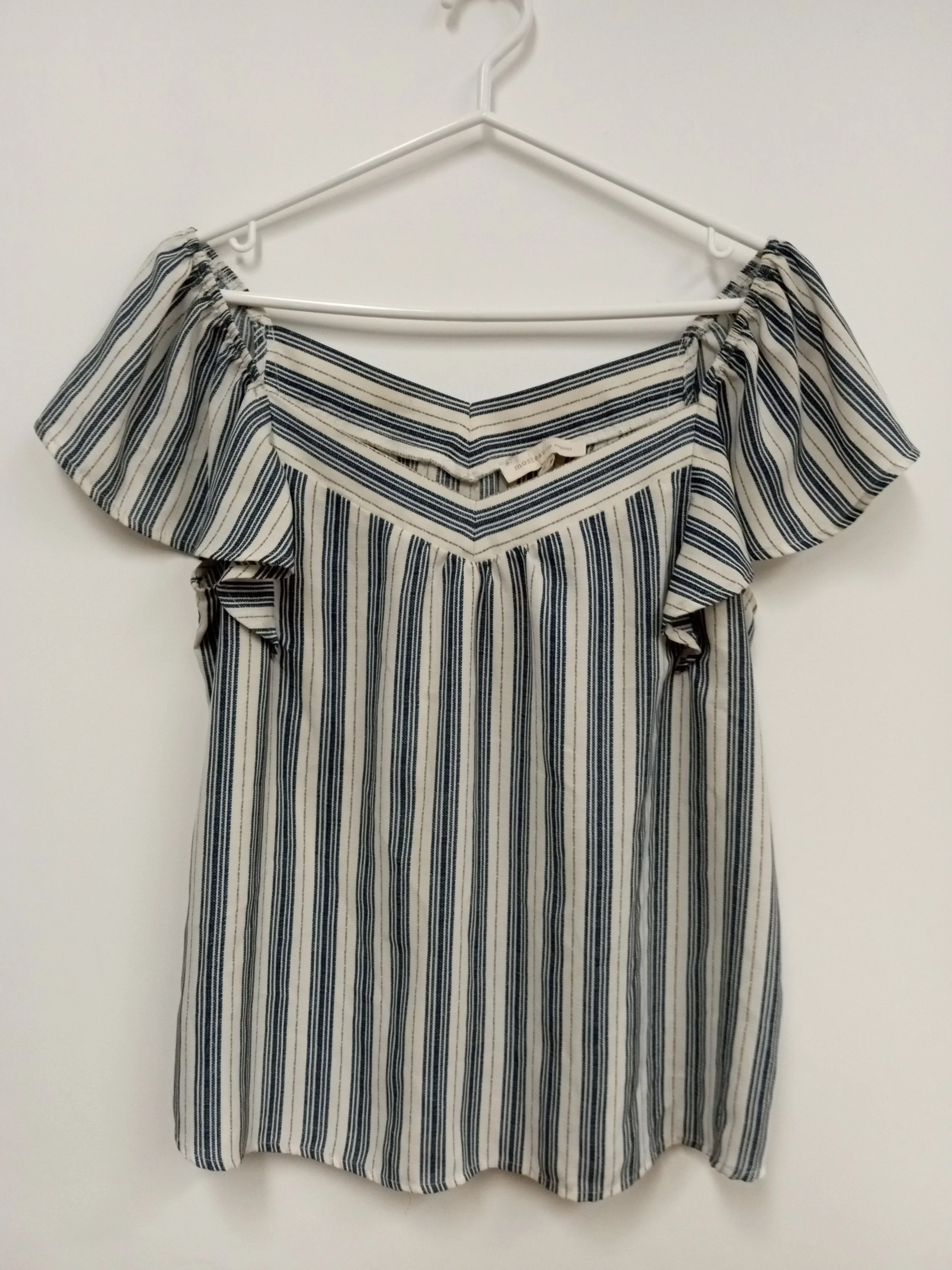 Haut manches courtes, blanc rayures bleu et brun, Monteau Los Angeles, taille M