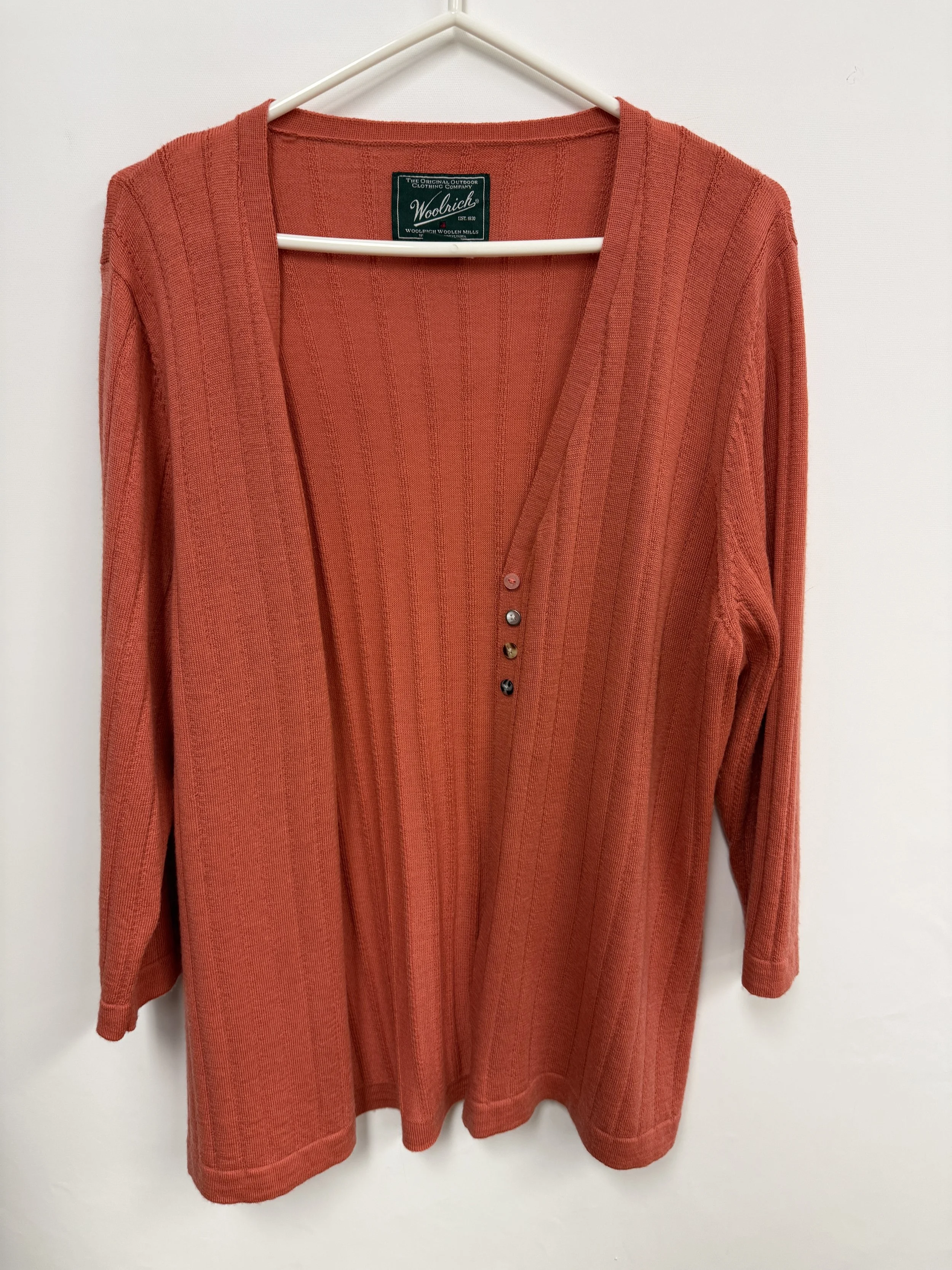 Cardigan rose-orange saumon, 100% laine de merinos, 4 boutons en haut, XL