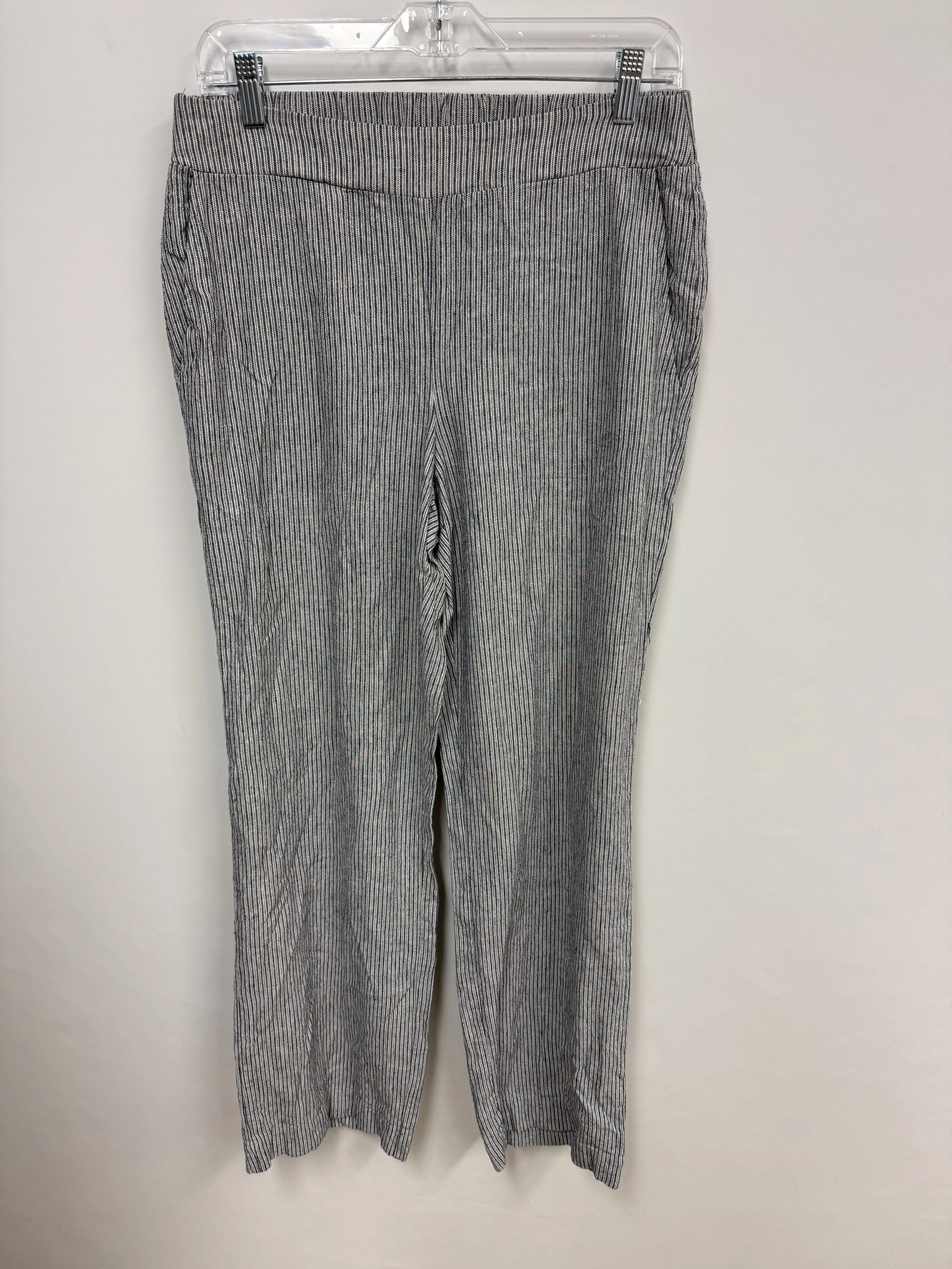 Pantalon 50% lin, rayures verticales fines bleues et blanches, Christina B, M
