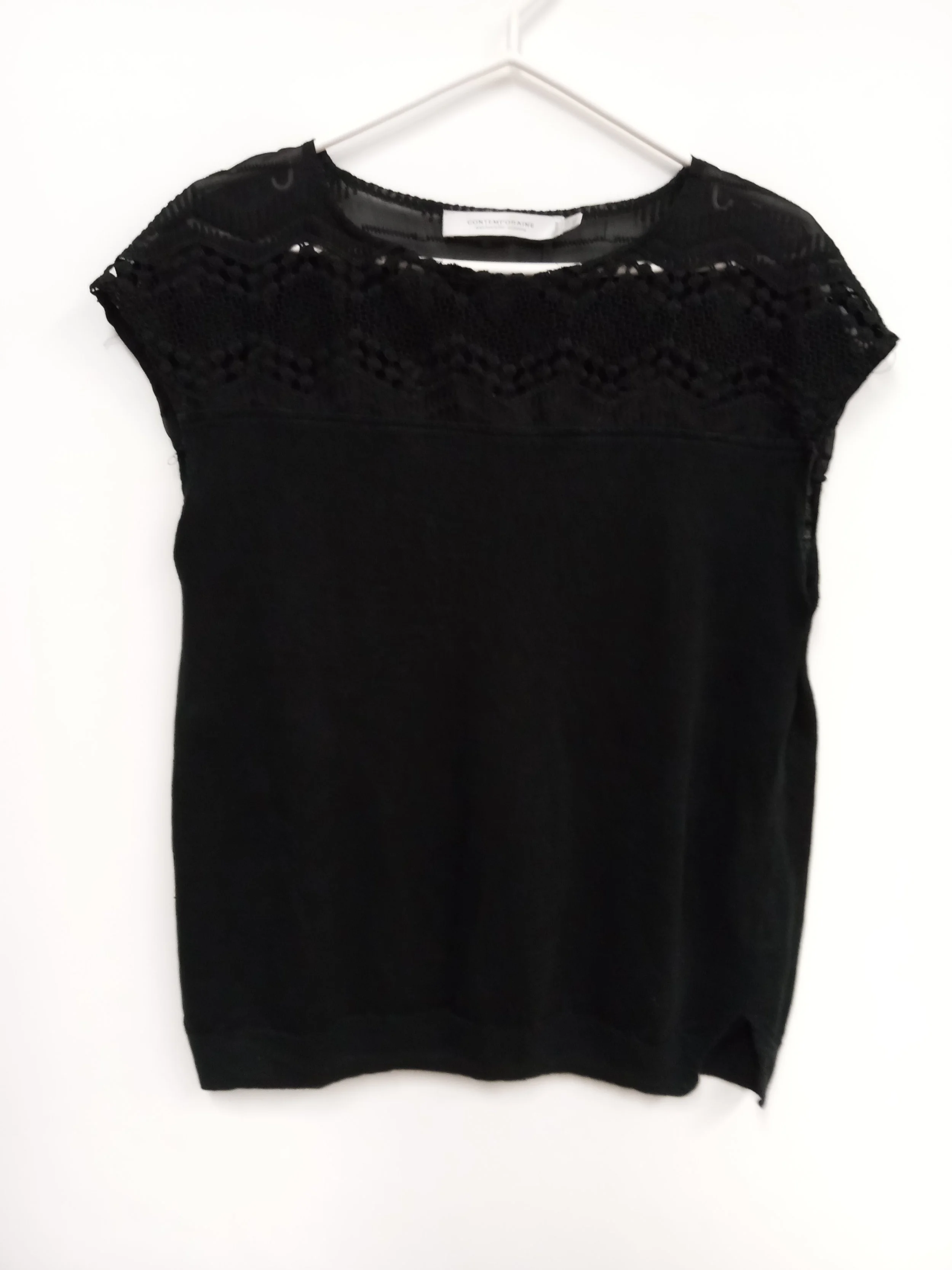Haut noir sans manches en lin, haut en dentelle, Contemporaine, L