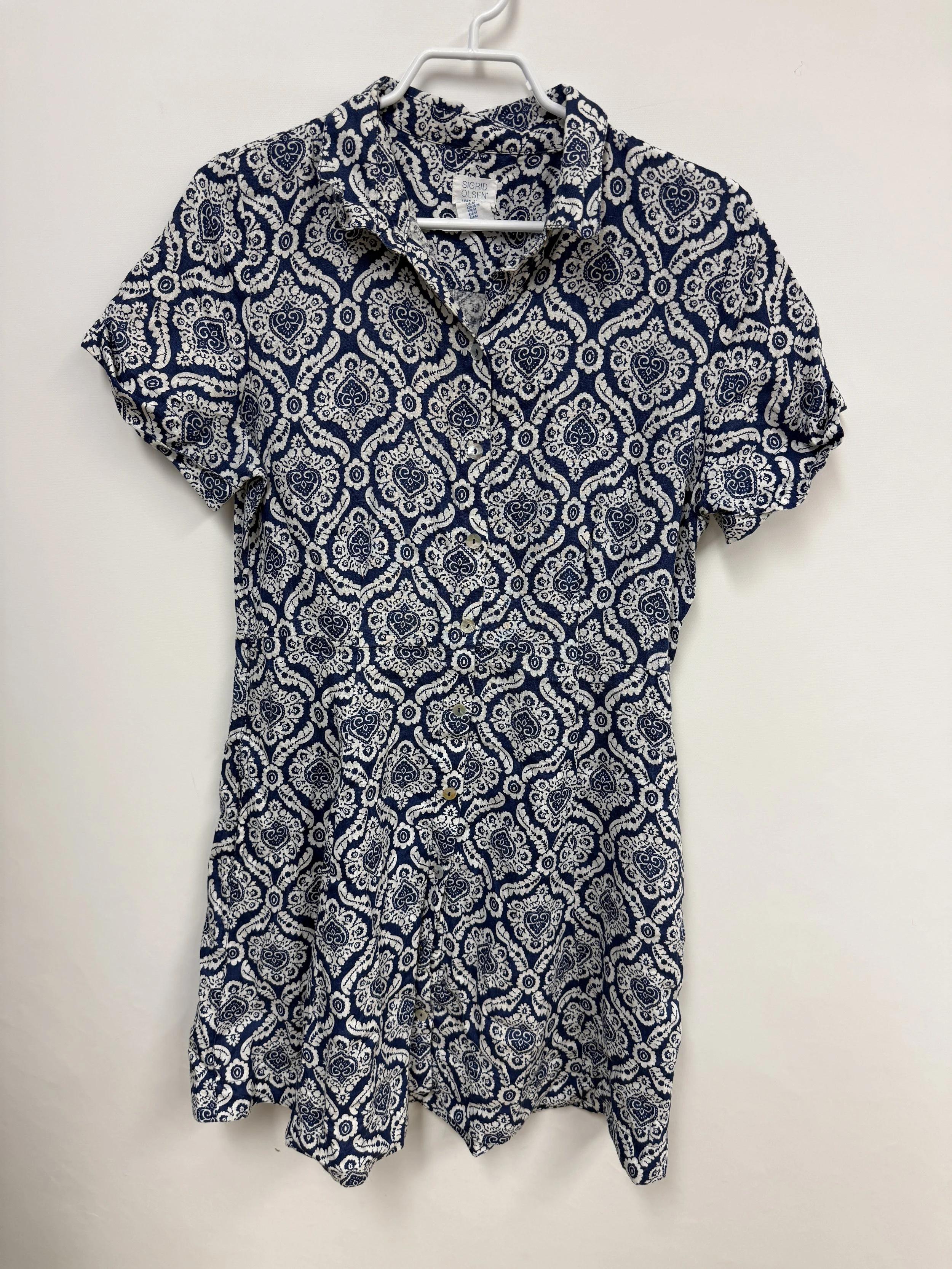 Robe 100% lin, bleu et blanc, boutonnée sur toute la longueur à l’avant, Sigrid Olsen, M