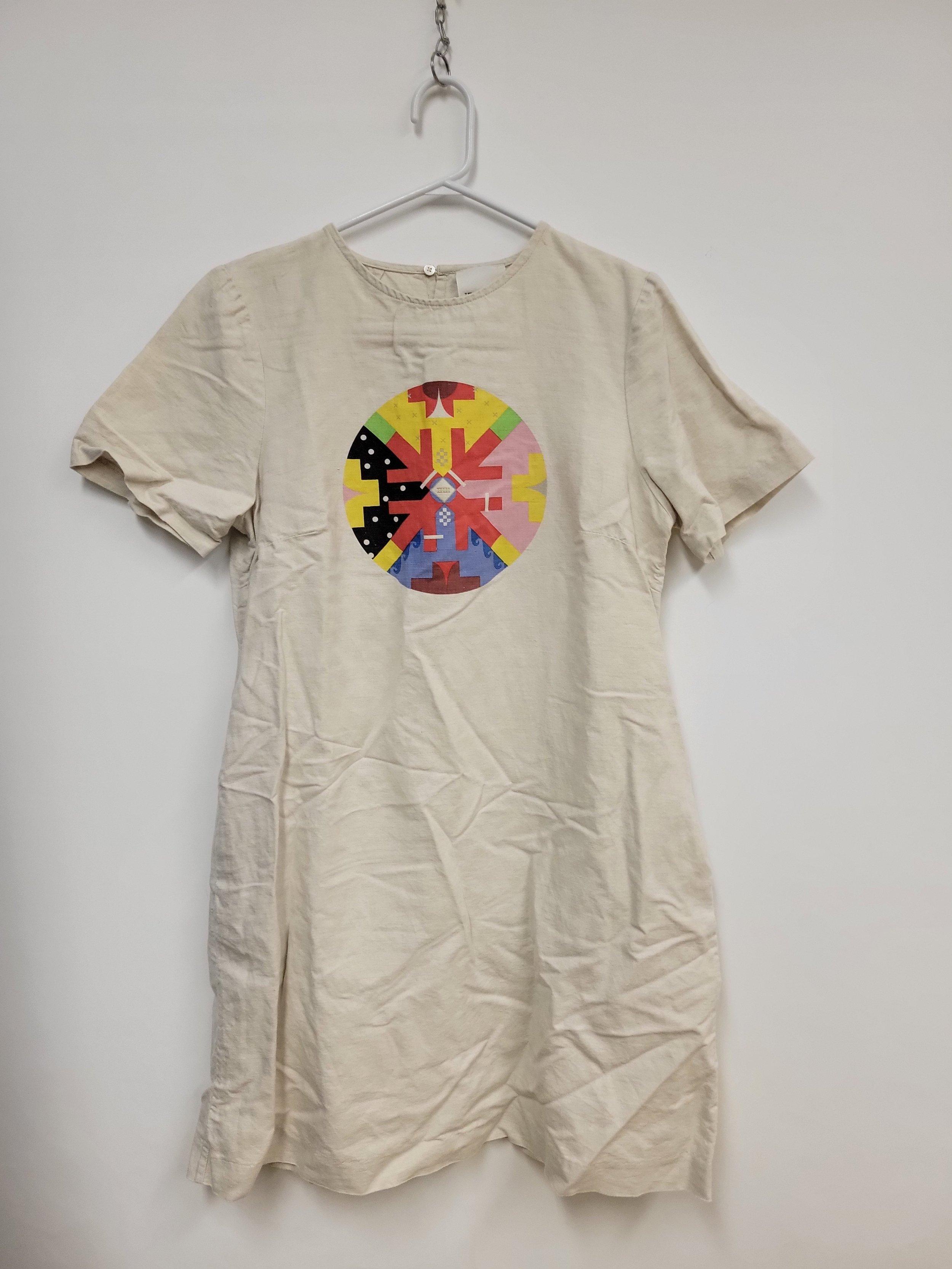 Robe courte en coton biologique et lin, Beige avec motif à l'avant, IFWTO+Edito, S