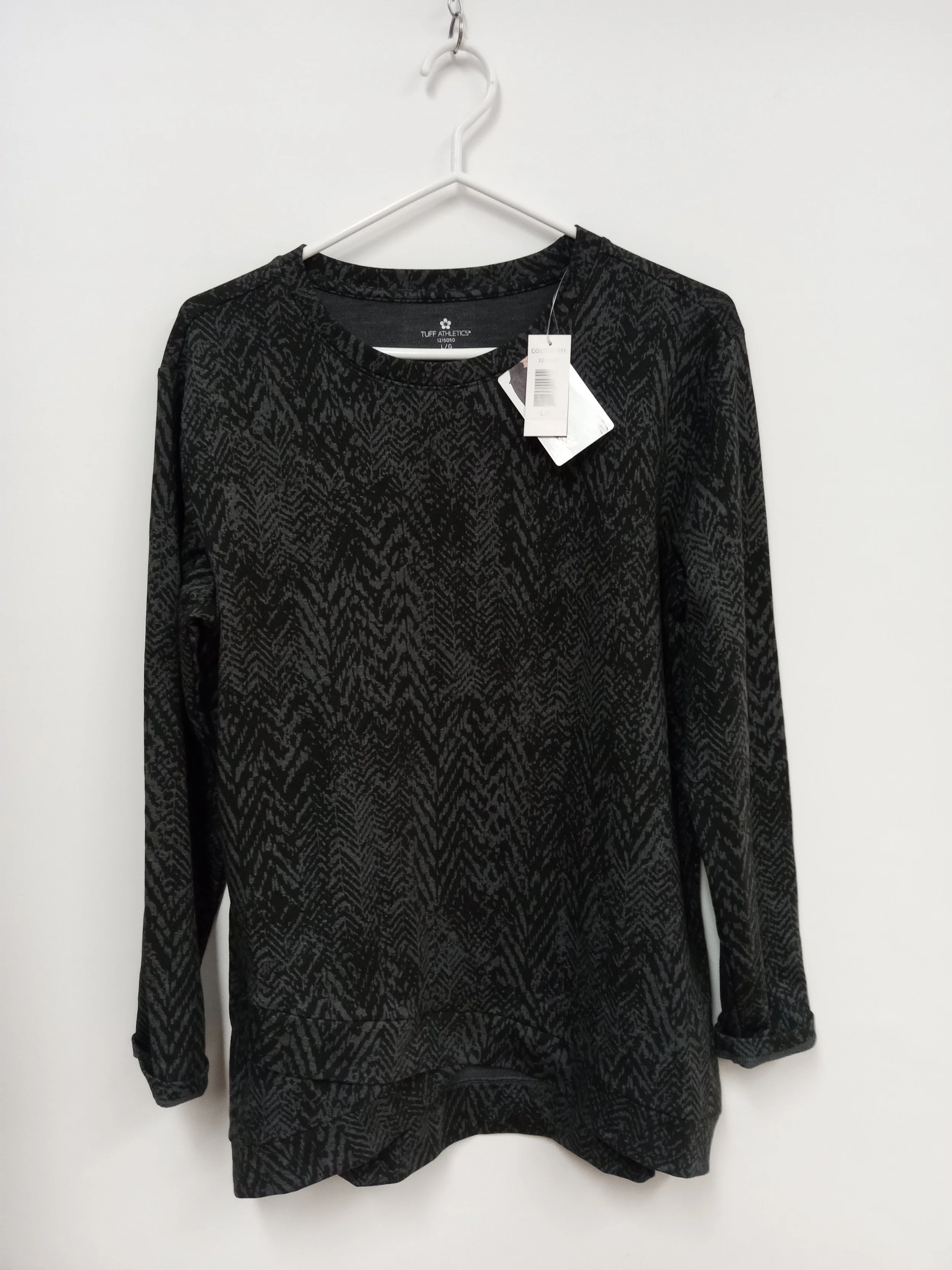 NEUF - Haut manches longues, Gris avec motifs noirs, TUFF ATHLETICS (Costco), L
