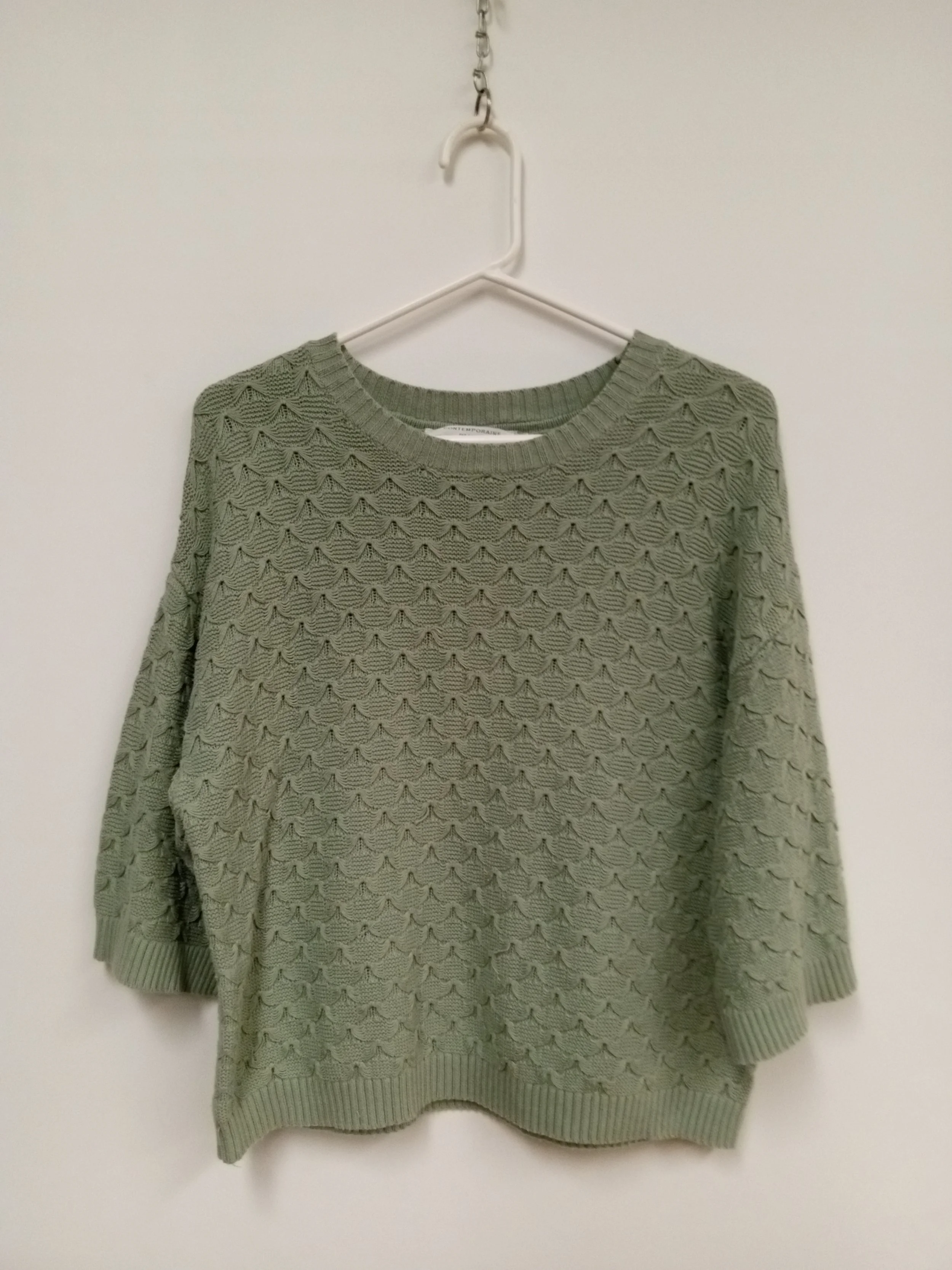 Haut en tricot de coton (100%), Manches 3/4, Col large, Vert sauge, CONTEMPORAINE par SIMONS, XS (fait large)