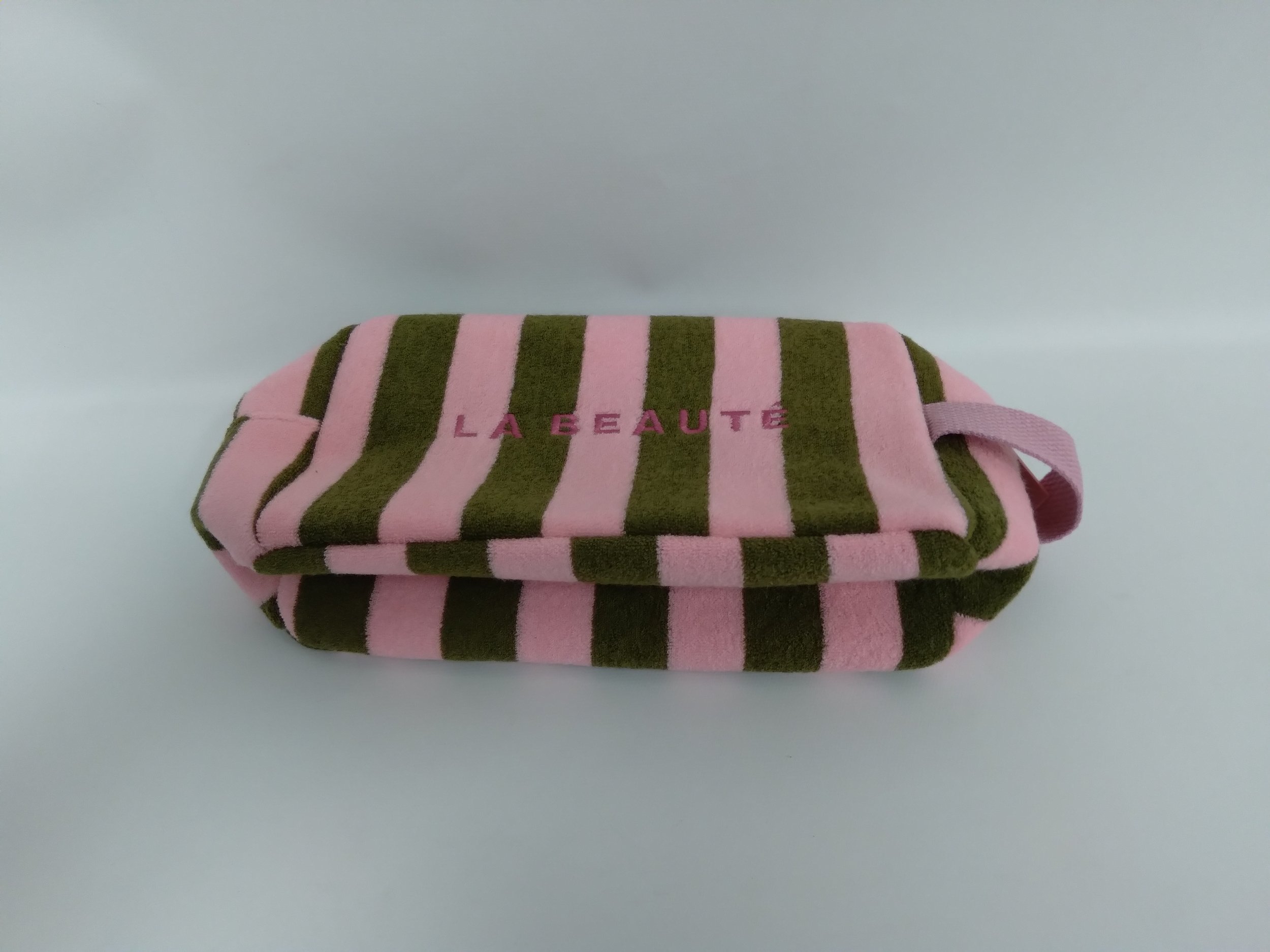 Trousse de voyage en ratine rose rayée