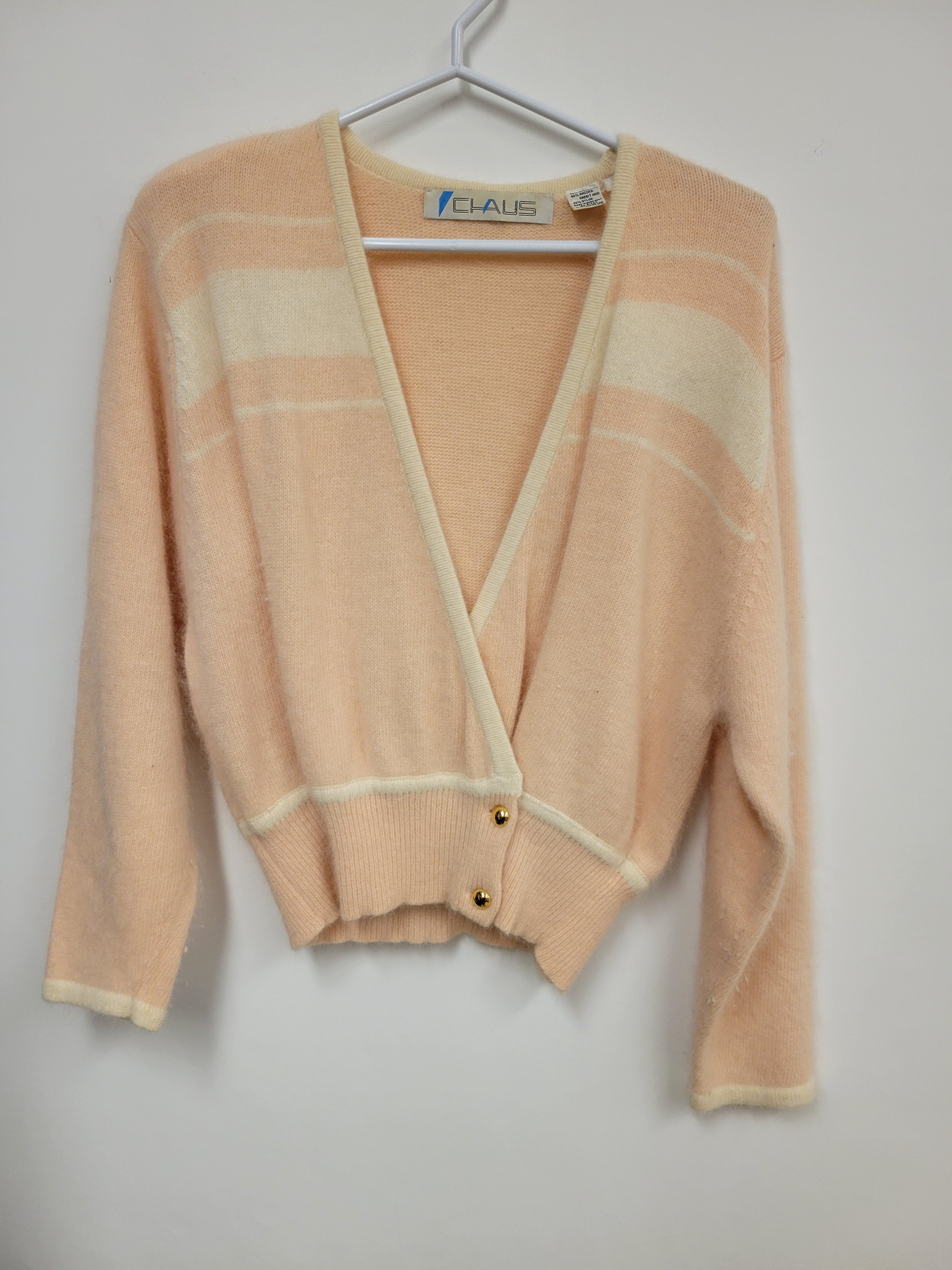 Cardigan cache-coeur rose pâle, 40% laine d'agneau, 40% angora, Chaus, L