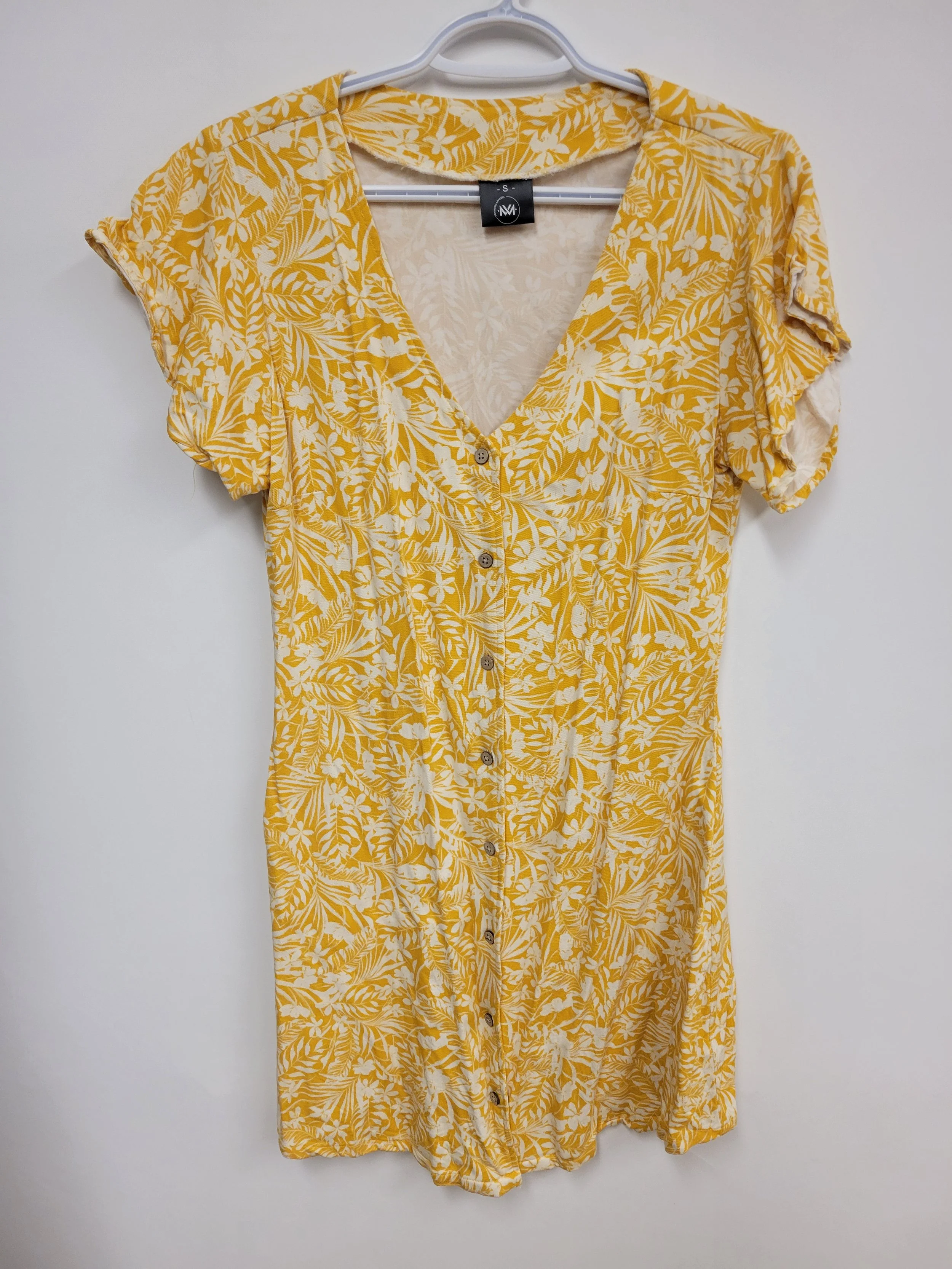 Robe jaune motif fleurs et feuillage blanc, Schwiing Apparel, S