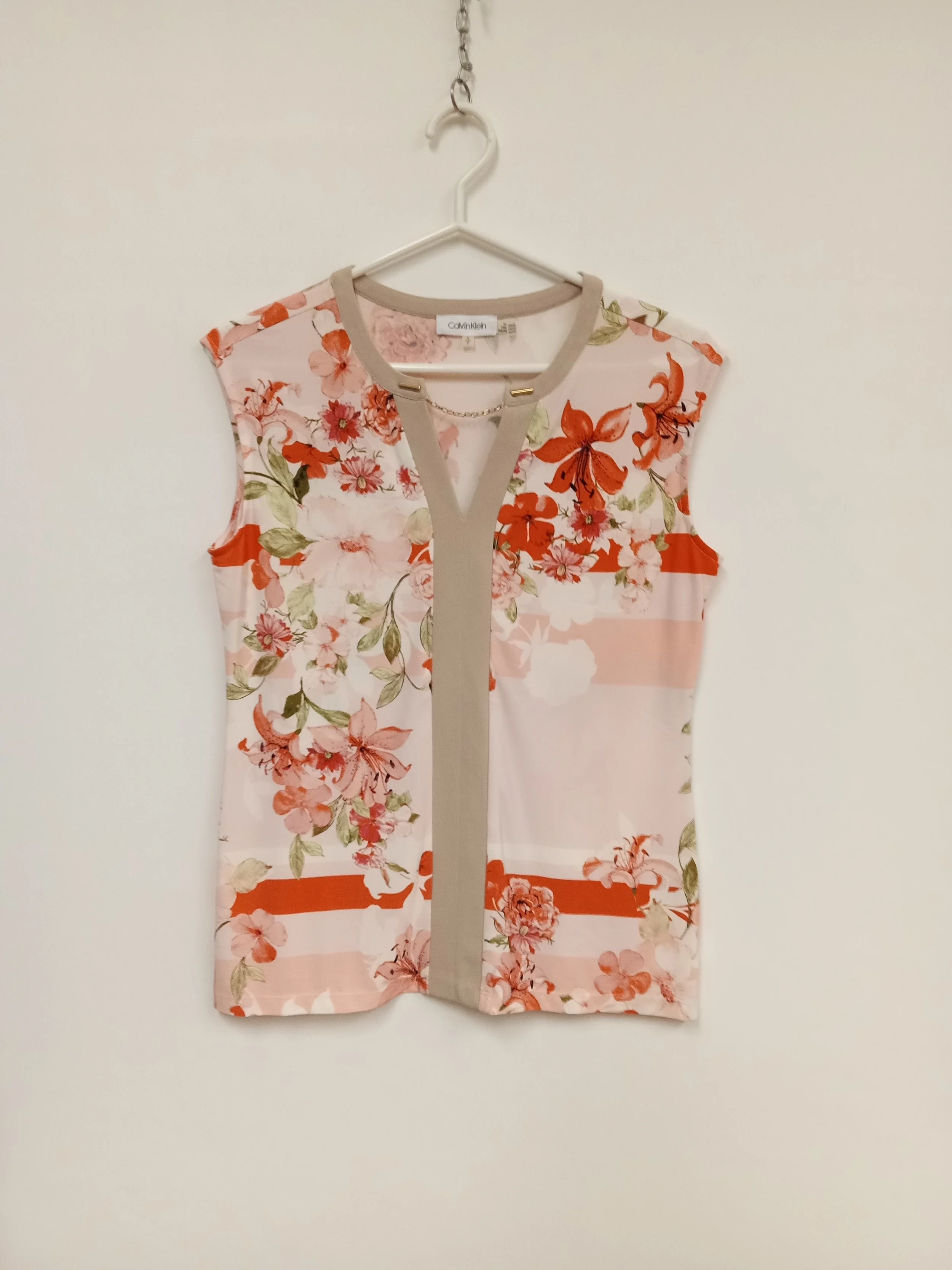 Haut long sans manches, motif fleurs, corail/ blanc/crème, Calvin Klein, S